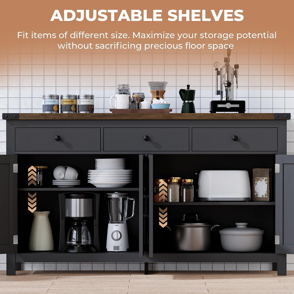 VVFLU 63' Sideboard Buffet Cabinet with Storage, Coffee Bar with 3 Drawers and 4 Barn Doors, Long Wider Storage Cabinet Modern Farmhouse, for Kitchen, Dining Room, Living Room, Black Wood