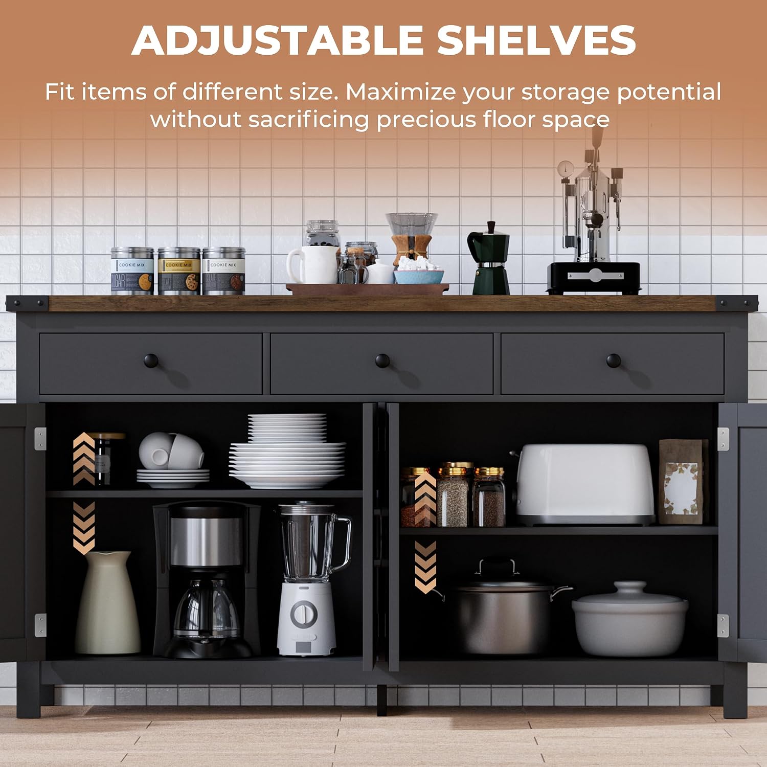 VVFLU 63' Sideboard Buffet Cabinet with Storage, Coffee Bar with 3 Drawers and 4 Barn Doors, Long Wider Storage Cabinet Modern Farmhouse, for Kitchen, Dining Room, Living Room, Black Wood