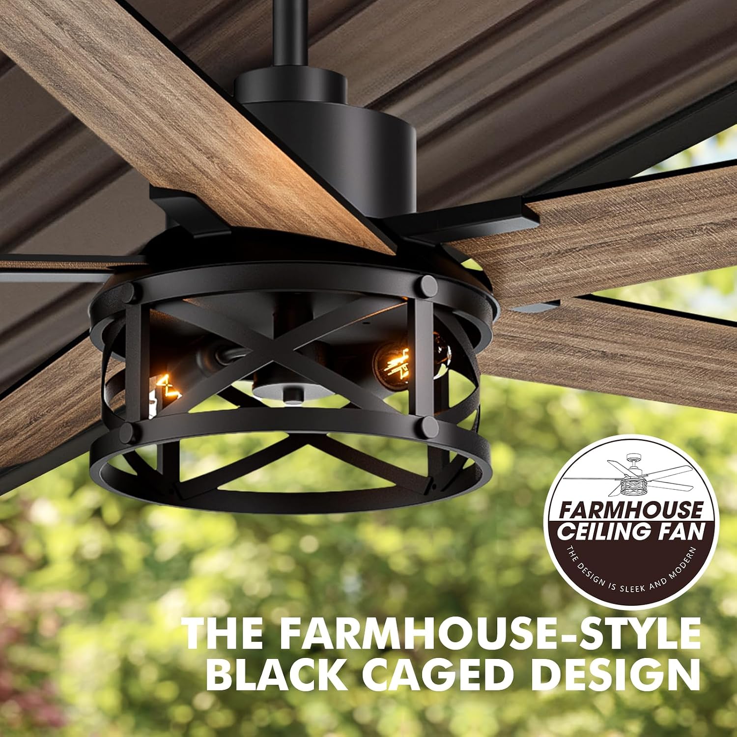 52 Inch Ceiling Fans with Lights and Remote Control, Low Profile Farmhouse Ceiling Fan for Bedroom Living Room and Patio, Black Caged Ceiling Fan for Indoor and Outdoor（NO BULBS）