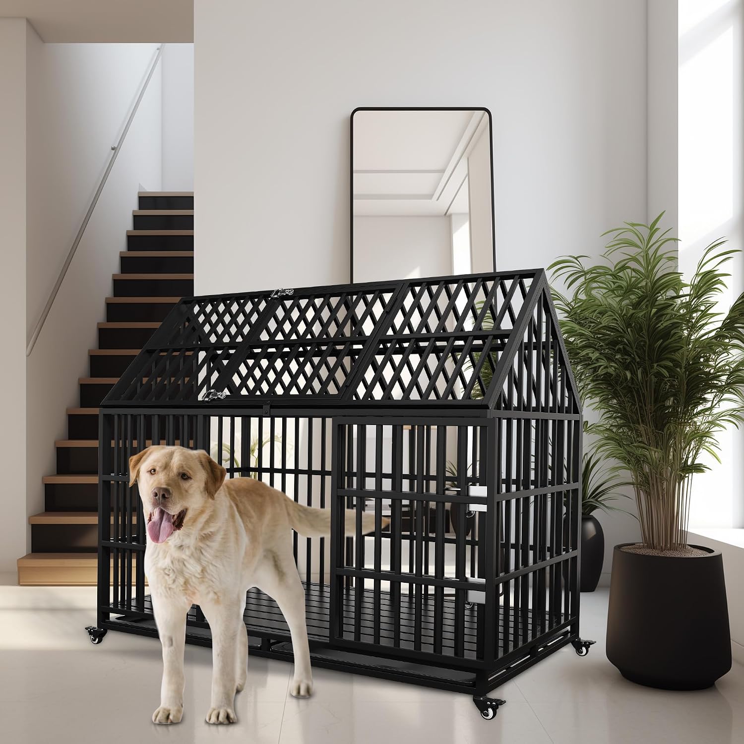 Heavy Duty Dog Crate 54 Inch Dog Pet Cage Kennel with Mat Escape Proof with Roof Top Open 4 Wheels 2 Doors Removable Trays for High Anxiety Extra Large XL XXL Dogs Breeds Great Dane Mastiff Bernard