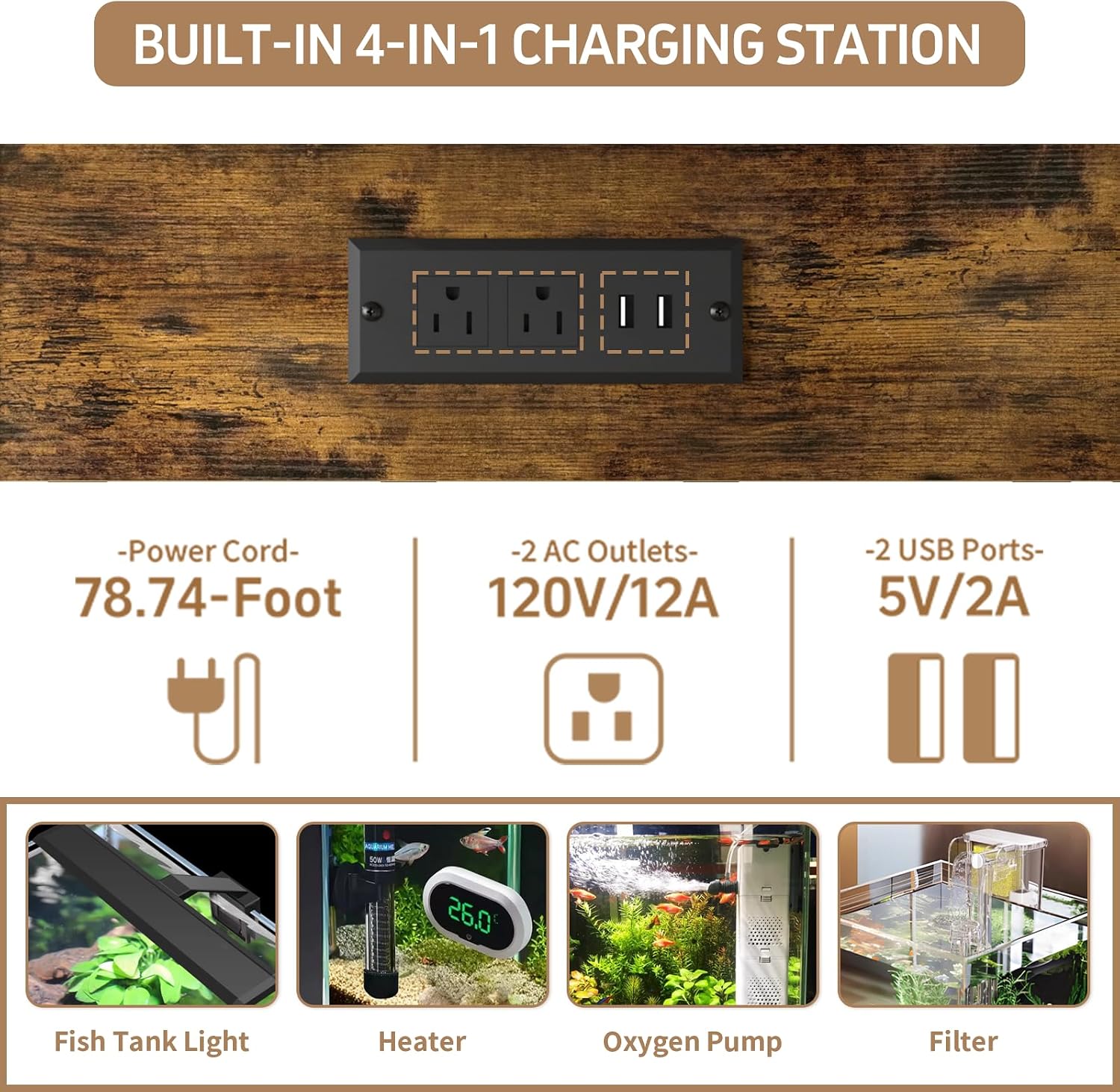 20-29 Gallon Fish Tank Stand with Power Strip, 3-Tier Metal Aquarium Stand, 31.5' L x 16.5' W for 20 Gallon Long Aquarium, 400 lbs Capacity, Retro Brown