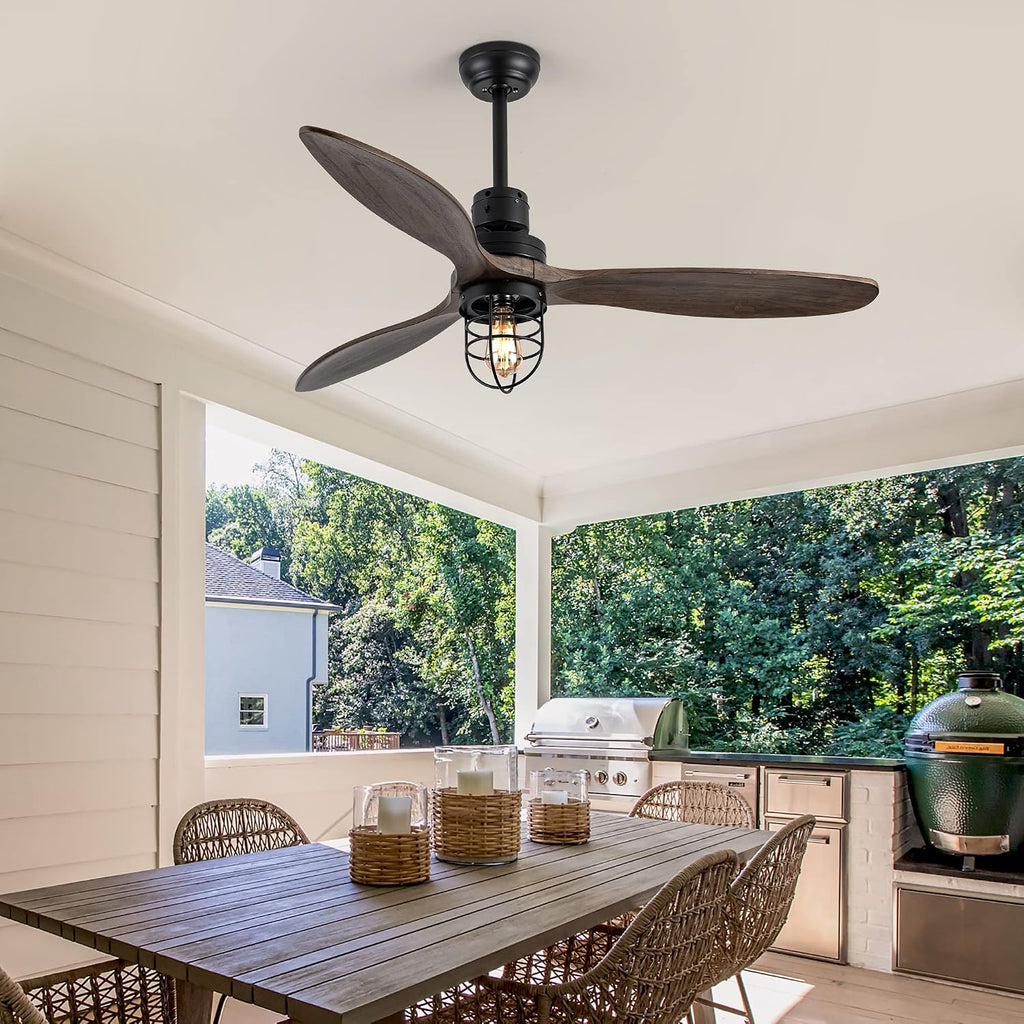 WWM 52 Inch Rustic Outdoor Ceiling Fan with Light and Remote, 3 Wood Blades, Include Bulbs Modern Black Farmhouse Industrial Ceiling Fan for Outdoor Ceiling Fans for Patios,Porch,Bedroom