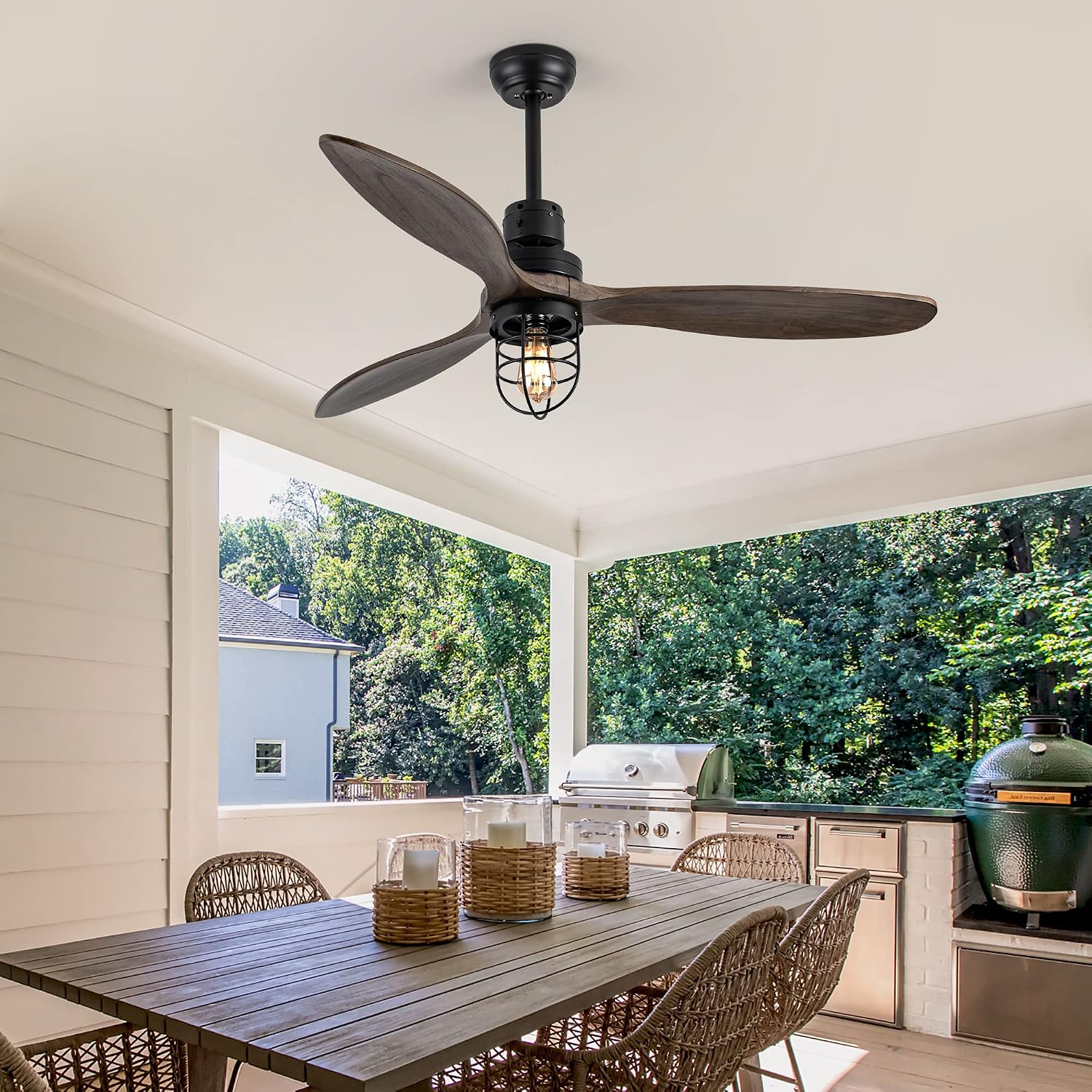WWM 52 Inch Rustic Outdoor Ceiling Fan with Light and Remote, 3 Wood Blades, Include Bulbs Modern Black Farmhouse Industrial Ceiling Fan for Outdoor Ceiling Fans for Patios,Porch,Bedroom