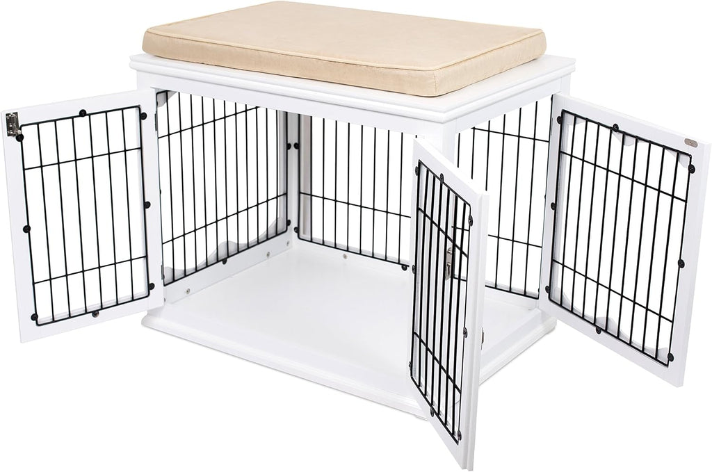 INTERNET'S BEST Decorative Dog Kennel with Pet Bed, Small Pet House, Double Door Indoor Crate, Engineered Wood & Wire Furniture, Side Table & Nightstand, Fits Small Dogs - White