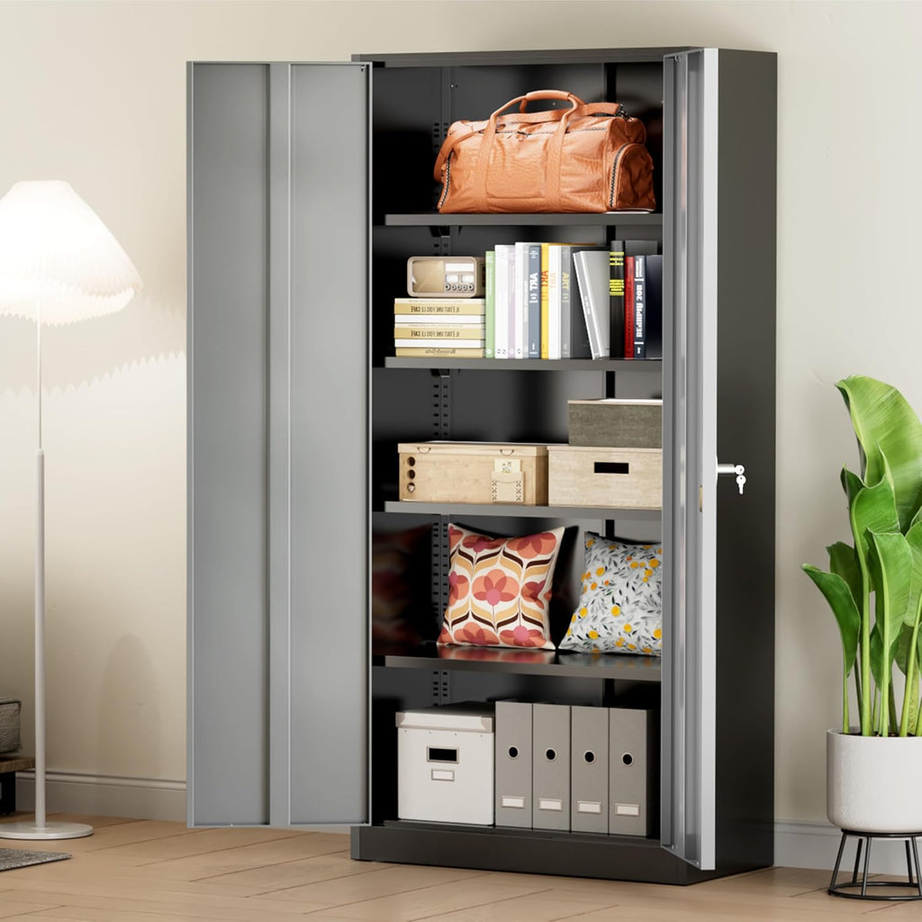 Greenvelly Metal Storage Cabinet with Doors and Shelves, 72' Inch Locking Metal Cabinet,Garage Storage Cabinet for Garage Office School Warehouse (Black Gray)