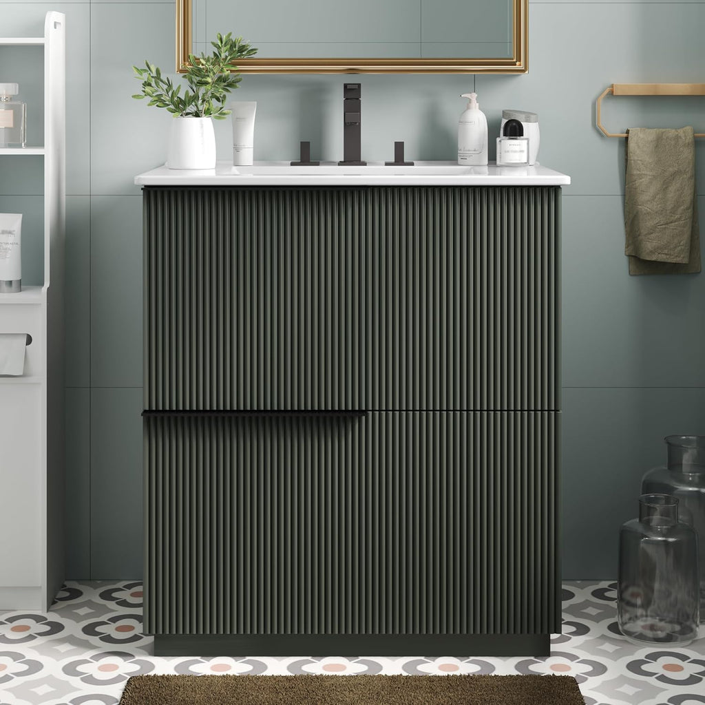30' Bathroom Vanity Cabinet, Ceramic Sink Top, Fluted Front, 2 Full-Extension Drawers, Perfect for Master Suite, Cozy Guest Bath, or Compact Powder Room