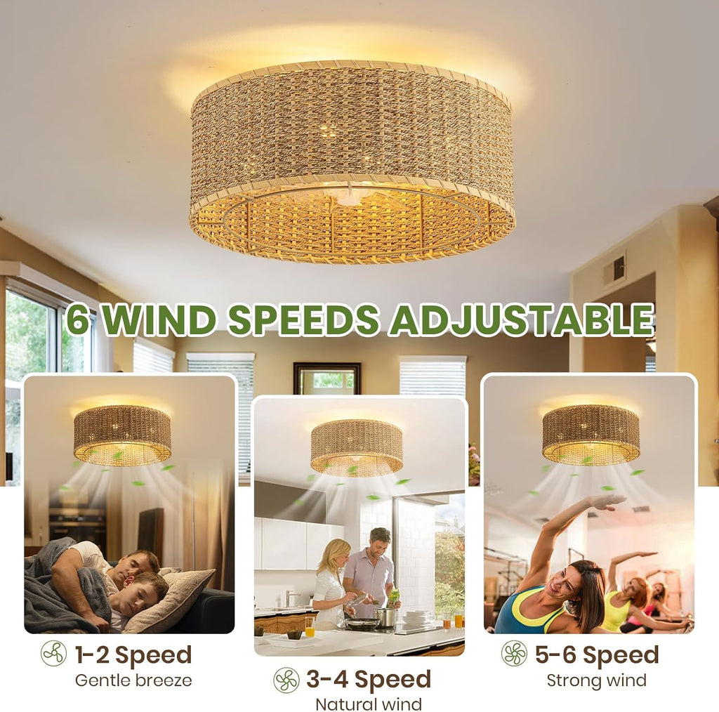 Boho Ceiling Fan with Light,Caged Ceiling Fan with Remote Control Reverible Blades,Low Profile 6 Speeds,Farmhouse Rattan Fandelier Chandelier Ceiling Fans for bedroom,dining room,kitchen ,living room
