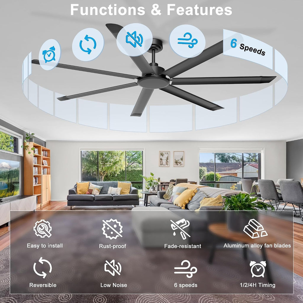 Ohniyou 72'' Ceiling Fan No Light, Black Industrial Ceiling Fan with Remote/APP, Aluminum Blades, 8000 CFM DC Motor for Outdoor Patios, Shop, Garage, Warehouse