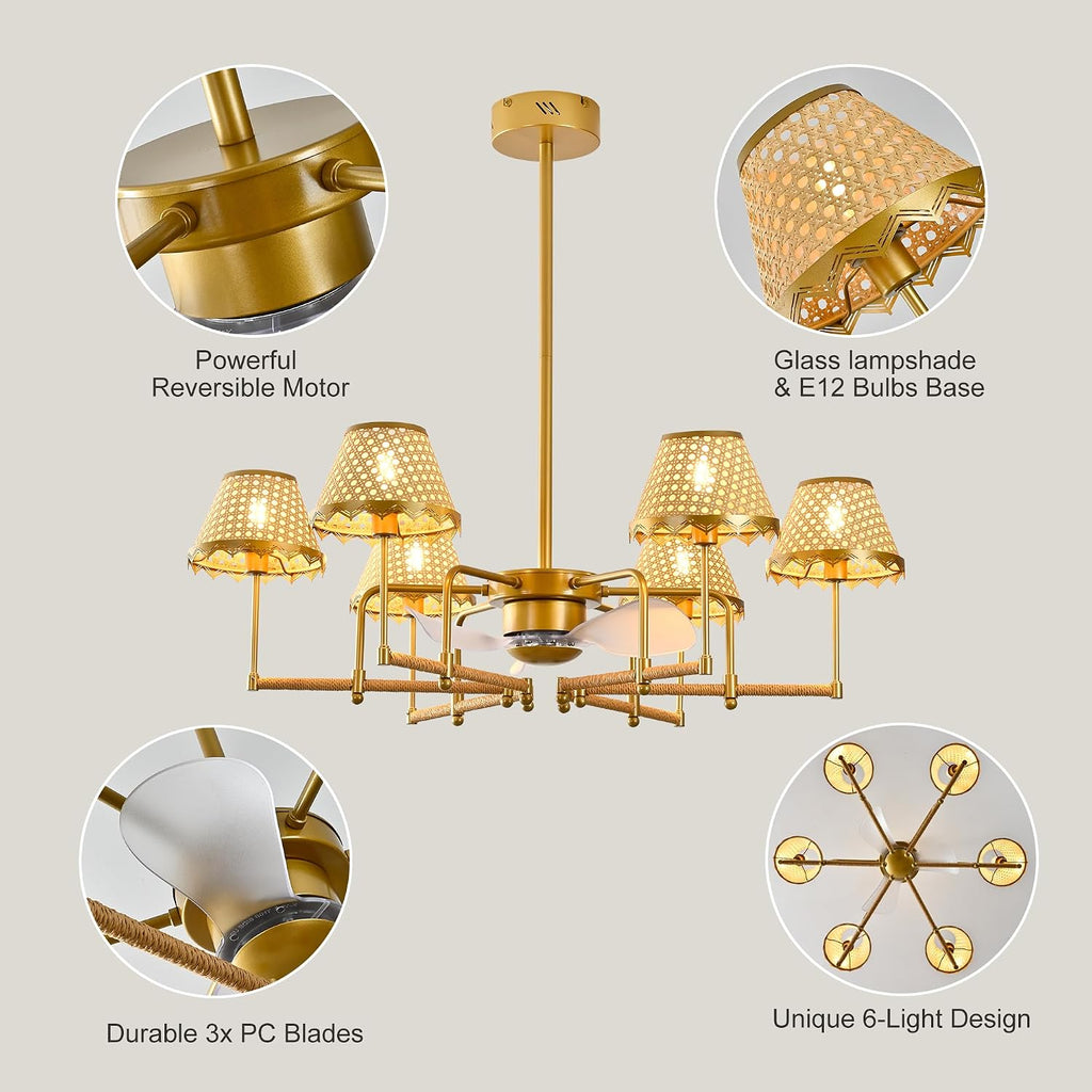 Garwarm Ceiling Fans with Lights,Boho Rattan Fandelier Ceiling Fan with Lights,Chandelier Ceiling Fan Remote Control for Kitchen Island Dining Living Room Nursery