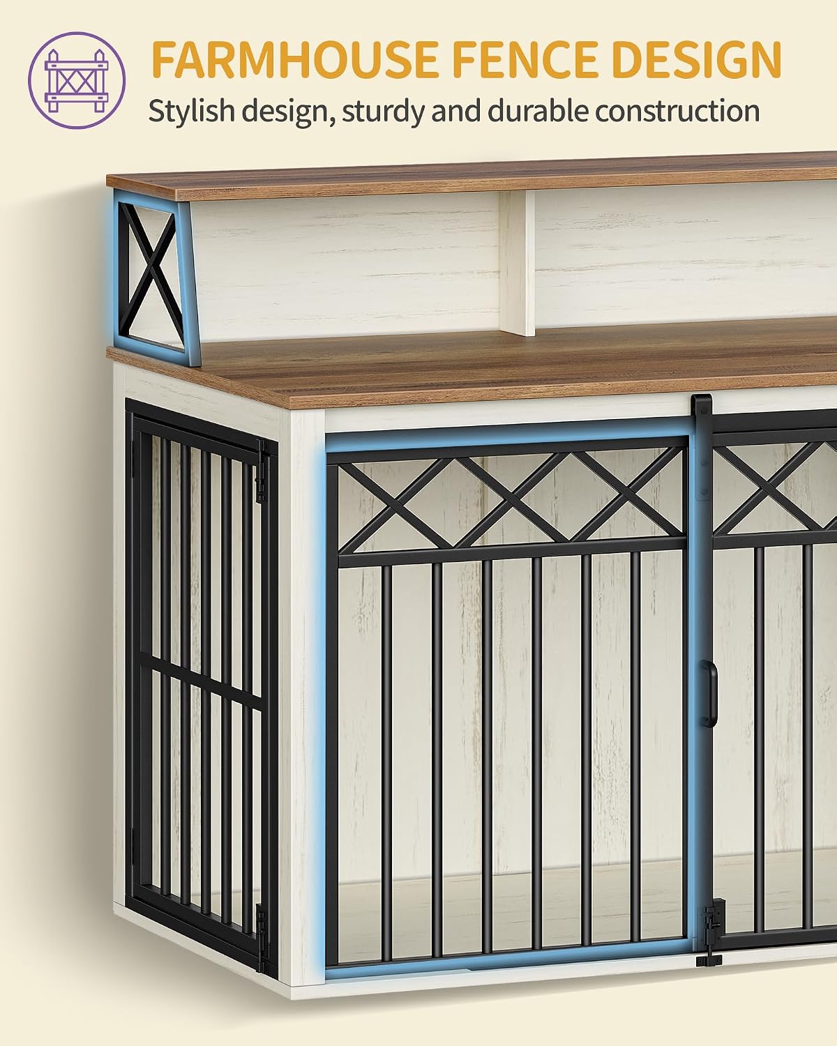 Hzuaneri 39.4'' Dog Crate Furniture, Large Wooden Dog Crate with Storage and 3 Doors, Indoor Kennel for Medium/Large Dogs, End Table with Barn Door, Chew-Proof and Escape-Proof, White Brown DFC87414B