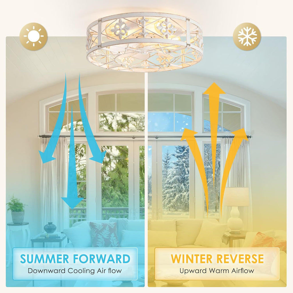 ZYD Caged Ceiling Fans with Light, 20' Ceiling Fans with Lights and Remote Flush Mount, Bladeless Caged Ceiling Fan with Light, Rust White Farmhouse Ceiling Fan for Bedroom, Kitchen, Dining Room
