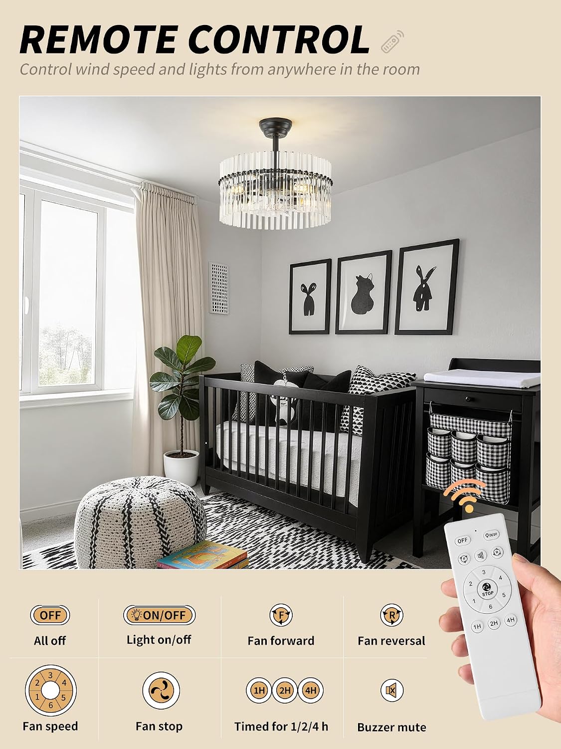 SYDACG 20' Black and Clear Crystal Fandelier Ceiling Fan with Light, Mid-Century Chandelier Ceiling Fan with Light Remote Control, 6 Speeds for Bedroom, Nursery, Living Room