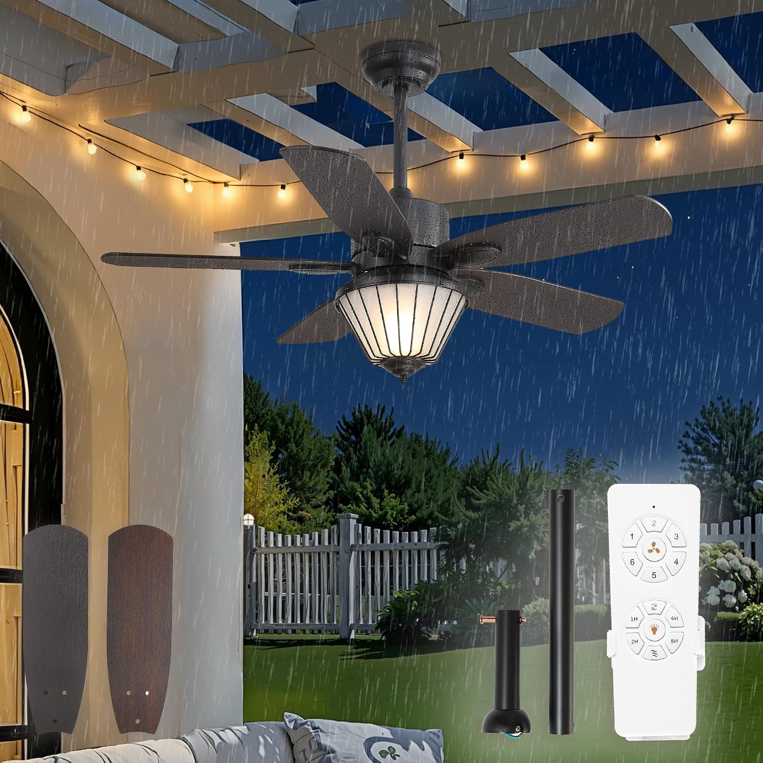 42 Inch Waterproof Outdoor Ceiling Fan with Lights, IP65 Waterproof, Remote Control, 6-Speed Quiet DC Motor, 5 Dual Finish Blades, Farmhouse Ceiling Fan for Patios Porch Pavilion (Black)