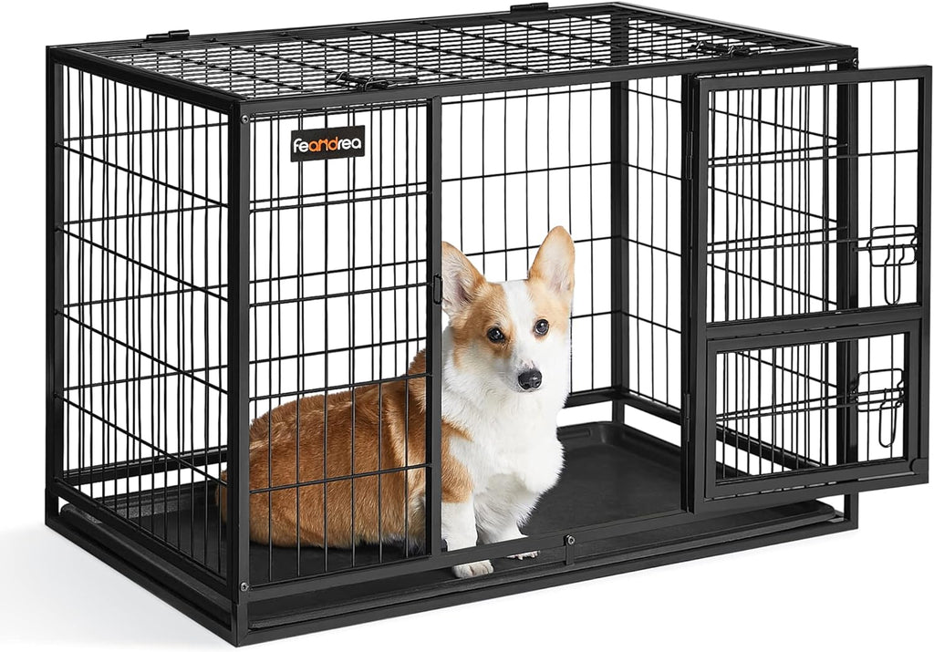 Feandrea 36.4 Inch Heavy Duty Dog Crate, Metal Escape Proof Kennel with Double Doors and Convenient Feeding Door, Removable Tray, Easy to Clean, L Pet Crate for Medium and Small Dogs, Black