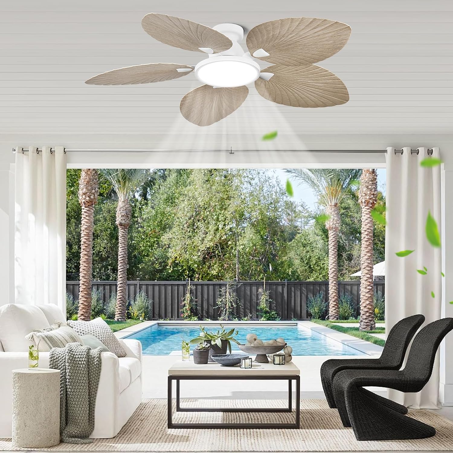 52 Inch Flush Mount Ceiling Fan with Light and Remote, Low Profile Hugger Ceiling Fan with Boho Palm Leaf Blades, Quiet DC Motor, Dimmable LED, for Bedroom, Living Room, Covered Patio
