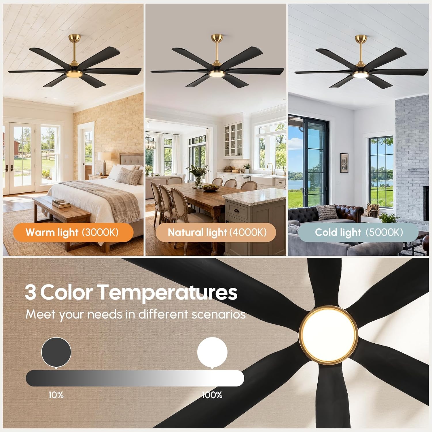 72 Inch Outdoor Ceiling Fan with Light, Black and Gold Modern Smart Fan Alexa/APP/Remote Control, 6 Wood Blades Damp Rated, High CFM Quiet DC Motor, for Indoor Large Living Room Garge Exterior Patio