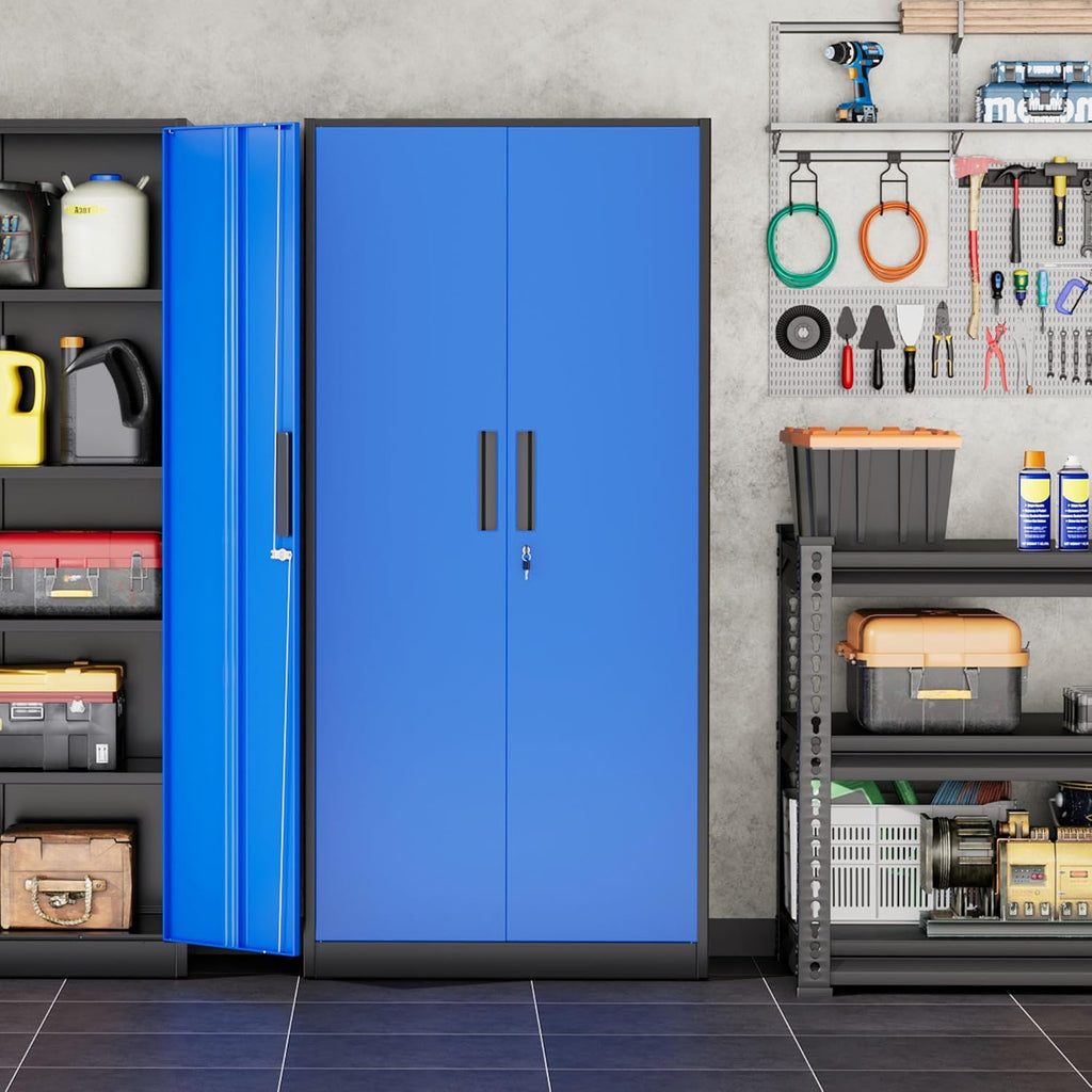 INTERGREAT Storage Cabinet with Doors and Shelves, Metal Garage Storage Cabinets with Lock, Black Lockable Steel Supply Cabinet for Home Office, Warehouse (Black Blue)