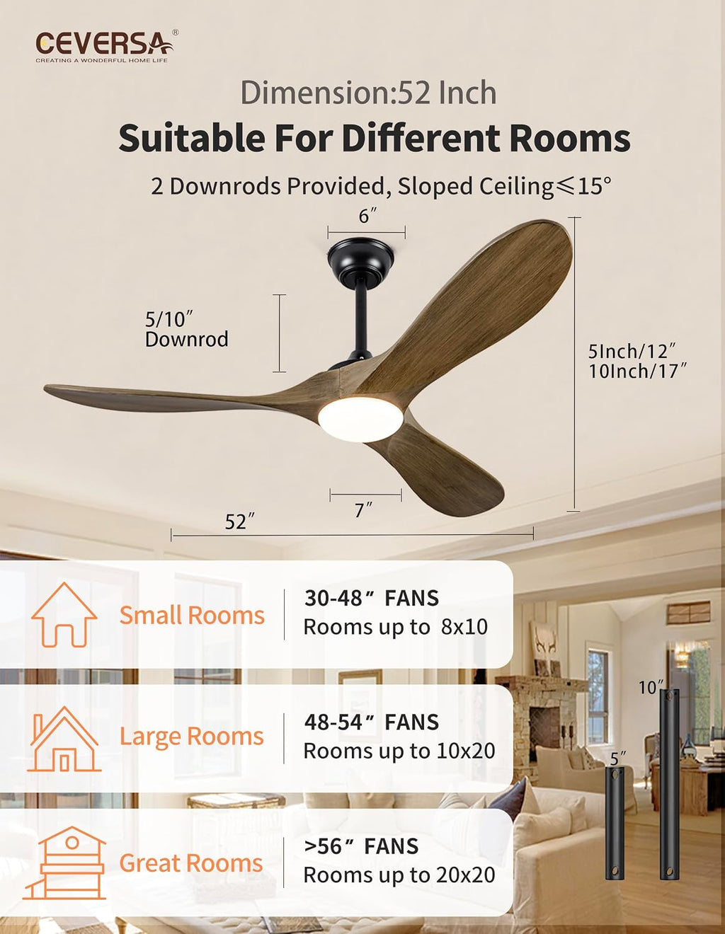 52 Inch Ceiling Fans with Lights and Remote,3 Blades Outdoor Wood Rustic Propeller Grey Ceiling Fans,Quiet Noiseless DC Motor,for Farmhouse,Living Room,Bedroom,Indoor