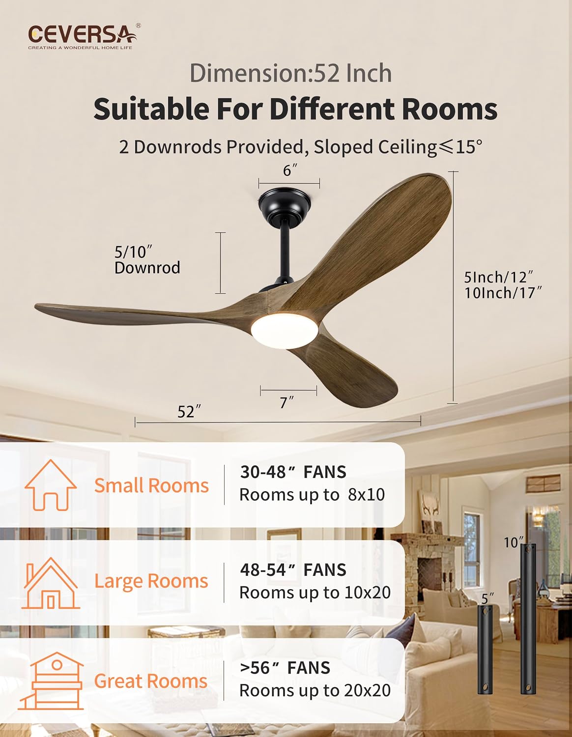 52 Inch Ceiling Fans with Lights and Remote,3 Blades Outdoor Wood Rustic Propeller Grey Ceiling Fans,Quiet Noiseless DC Motor,for Farmhouse,Living Room,Bedroom,Indoor