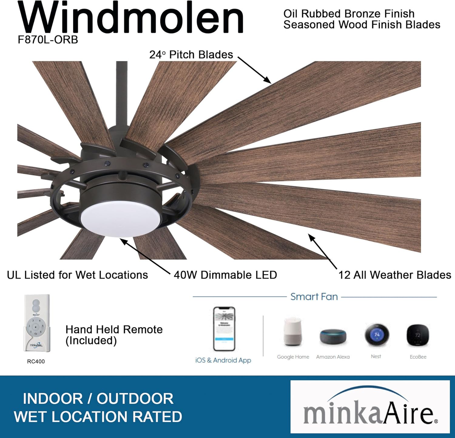 Minka-Aire F870L-ORB 65' Windmolen Outdoor Smart Ceiling Fan with LED Light and Remote Control, Oil Rubbed Bronze
