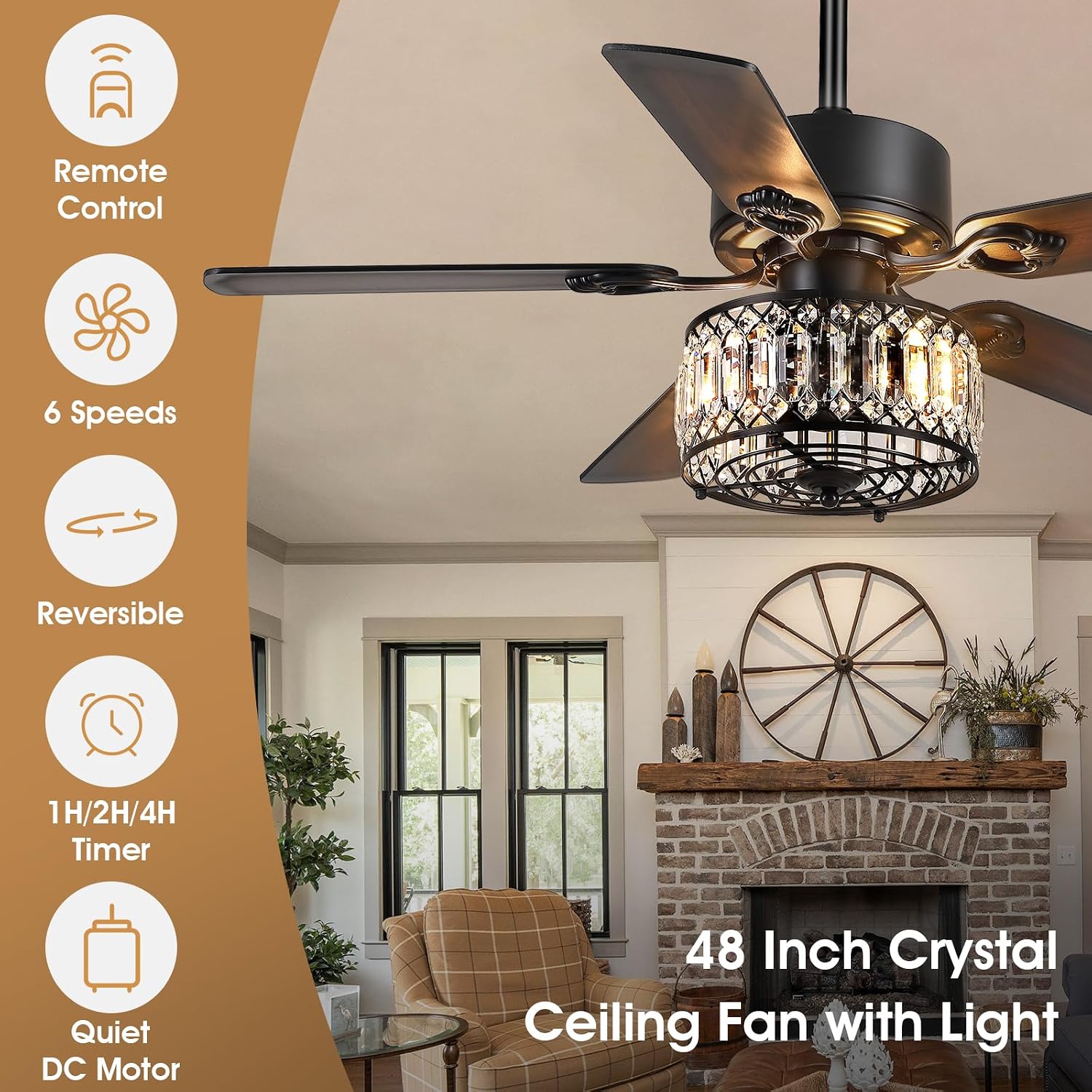 Kviflon Farmhouse Crystal Ceiling Fans with Lights and Remote, 48 Inch Chandelier Ceiling Fans, Black Fandelier Ceiling Fan for Bedroom Living Room, Quiet DC Motor, Reversible, Bulb not Included