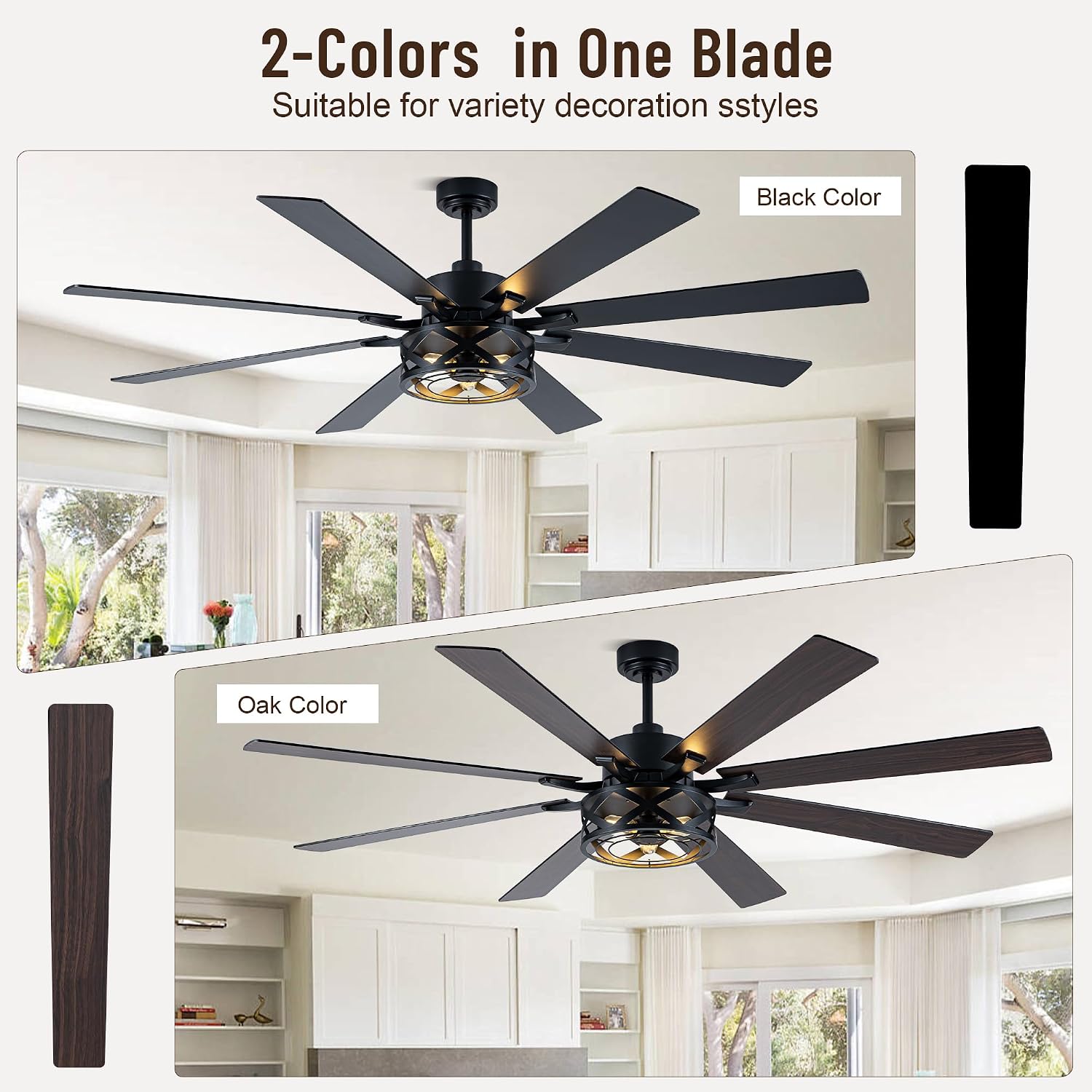72' Industrial Ceiling Fan with Lights, 8 Blades Dual Color,Reversible DC Motor,Remote Control,6 Speeds,Timer,Quiet Ceiling Fan for Bedroom Living Room Patio