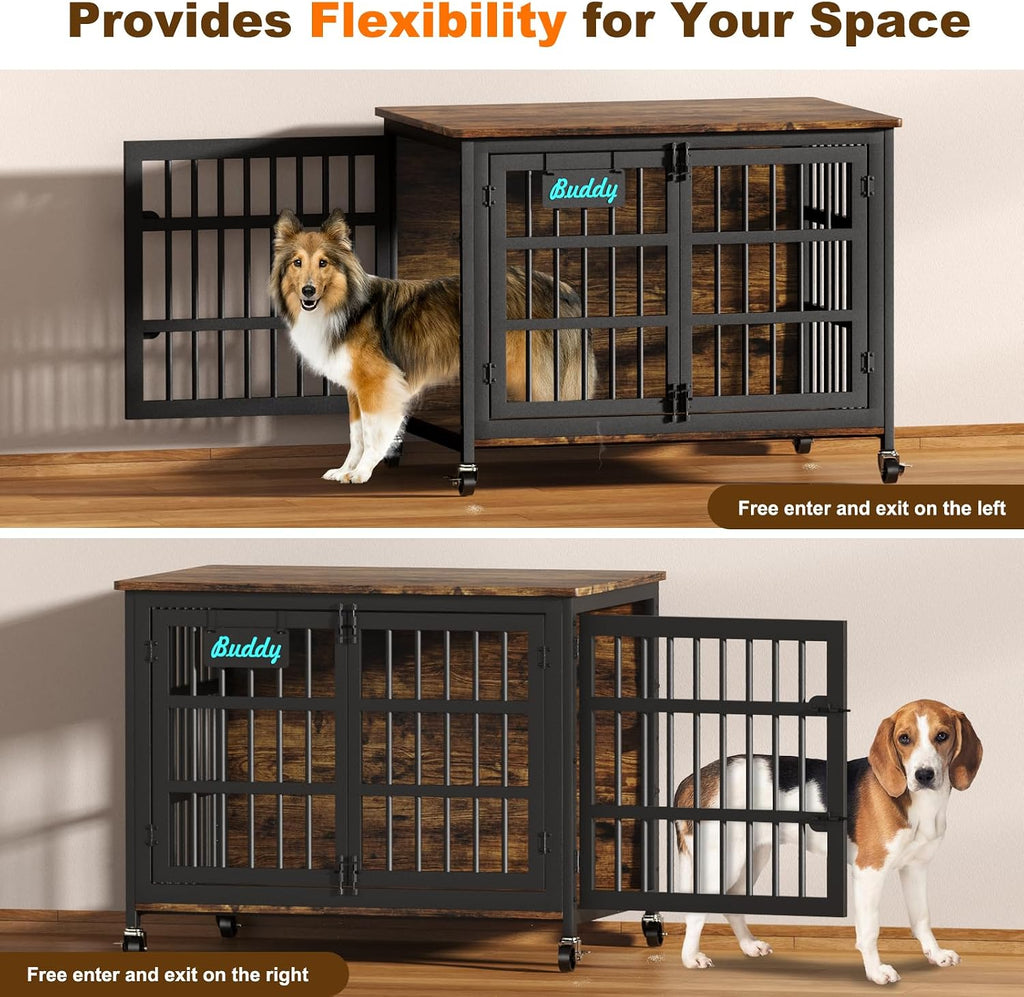 EasyCom 41'/33'/27' Dog Crate Furniture with Name Tag, Heavy Duty Dog Kennel Indoor for Medium Dogs, Double-Doors Sturdy Metal Dog Cage for Anxiety Dog, Decorate House as TV Stand, End Table