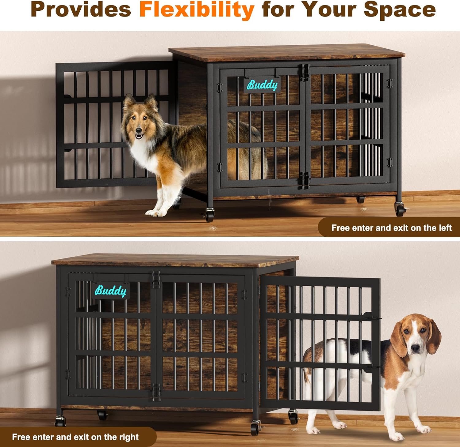 EasyCom 41'/33'/27' Dog Crate Furniture with Name Tag, Heavy Duty Dog Kennel Indoor for Medium Dogs, Double-Doors Sturdy Metal Dog Cage for Anxiety Dog, Decorate House as TV Stand, End Table
