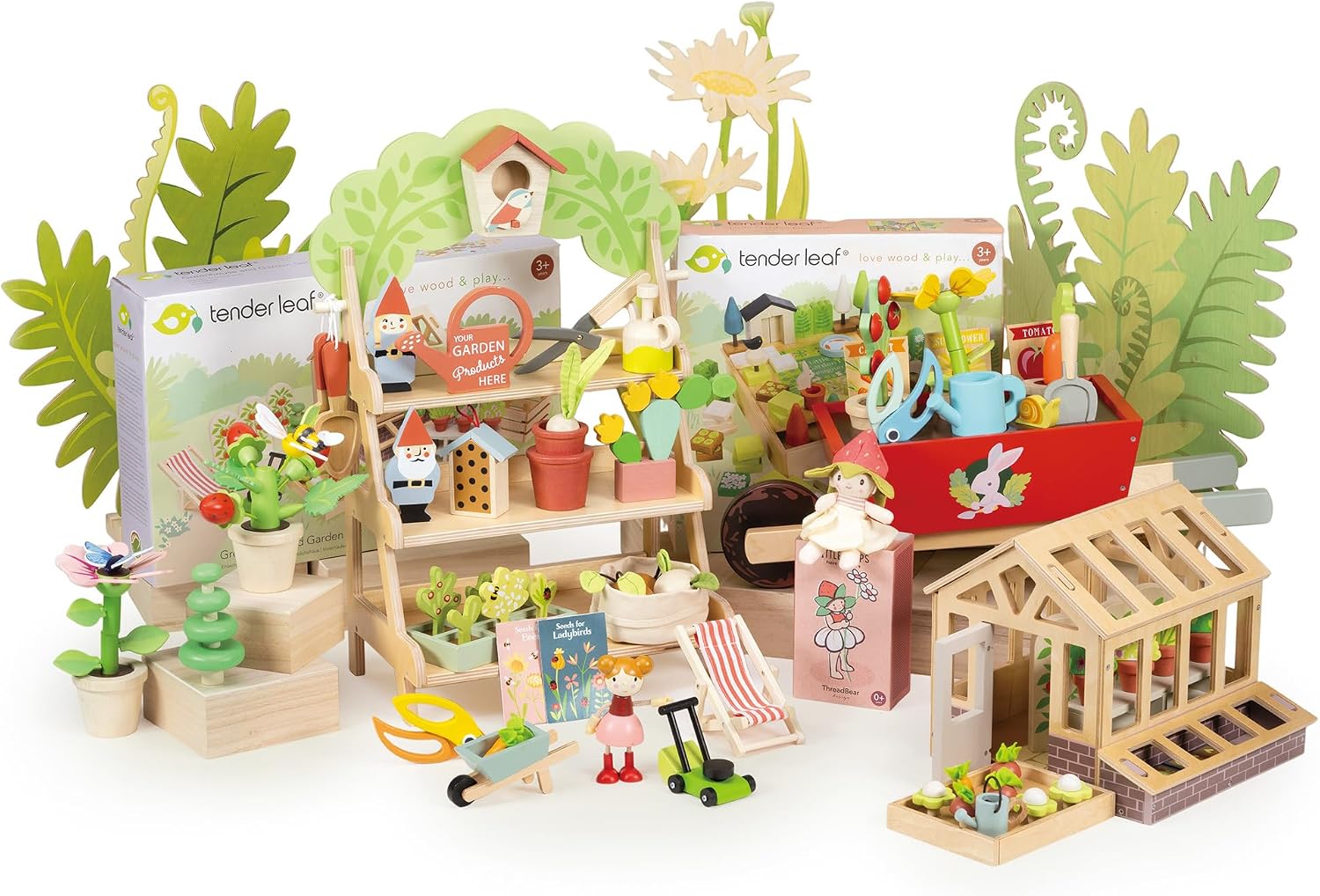 Tender Leaf Toys - Garden Centre - Wood Pretend Play Gardening Set Including Tools, Bird House, Gnomes and Accessories - Encourages Imaginative Play, Improves Language and Fine Motor Skills - Age 3+