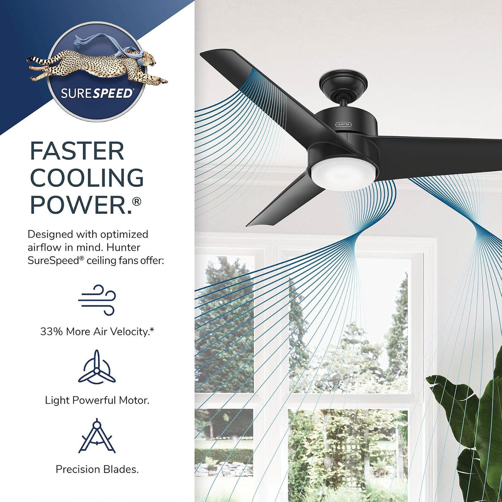 Hunter 54 inch Outdoor or Indoor Ceiling Fan with LED Light - Black Ceiling Fan with Wall Control, For Patio, Garage, or Porch, Quiet, Standard Mount, 3 Blades - Havoc 59471, Matte Black