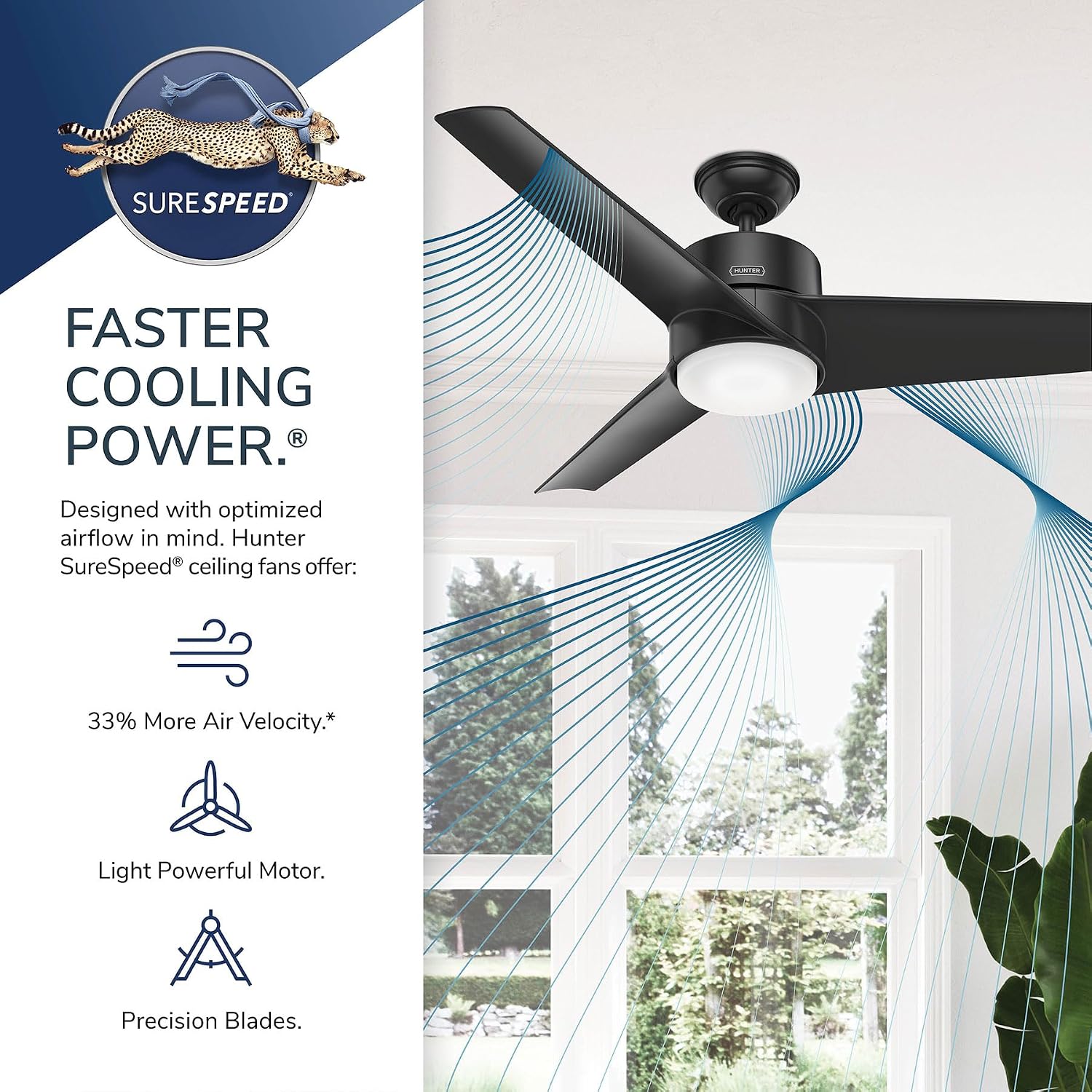 Hunter 54 inch Outdoor or Indoor Ceiling Fan with LED Light - Black Ceiling Fan with Wall Control, For Patio, Garage, or Porch, Quiet, Standard Mount, 3 Blades - Havoc 59471, Matte Black