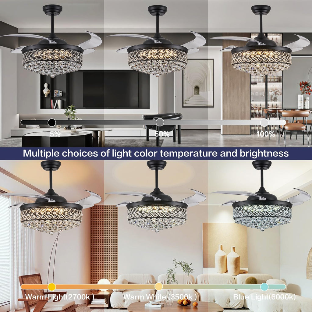 DuMaiWay 52' Dimmable Chandelier Ceiling Fan, Modern Crystal Retractable Invisible Blade Ceiling Fan with Remote Control for Bedroom Dining Room Living Room 6 Speed Change Black