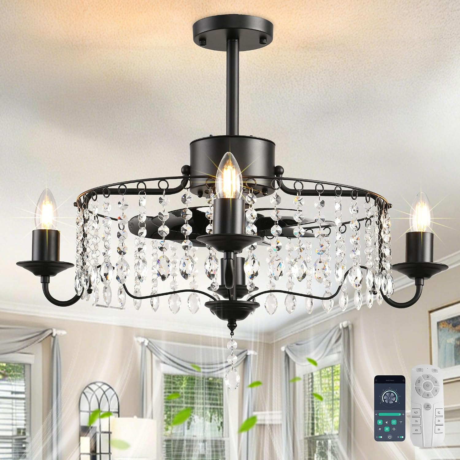 Garwarm 20in Ceiling Fans with Lights,Black Crystal Fandelier Bladeless Industrial Ceiling Fan with Remote,Flush Mount Ceiling Fan Lights for Bedroom Kitchen