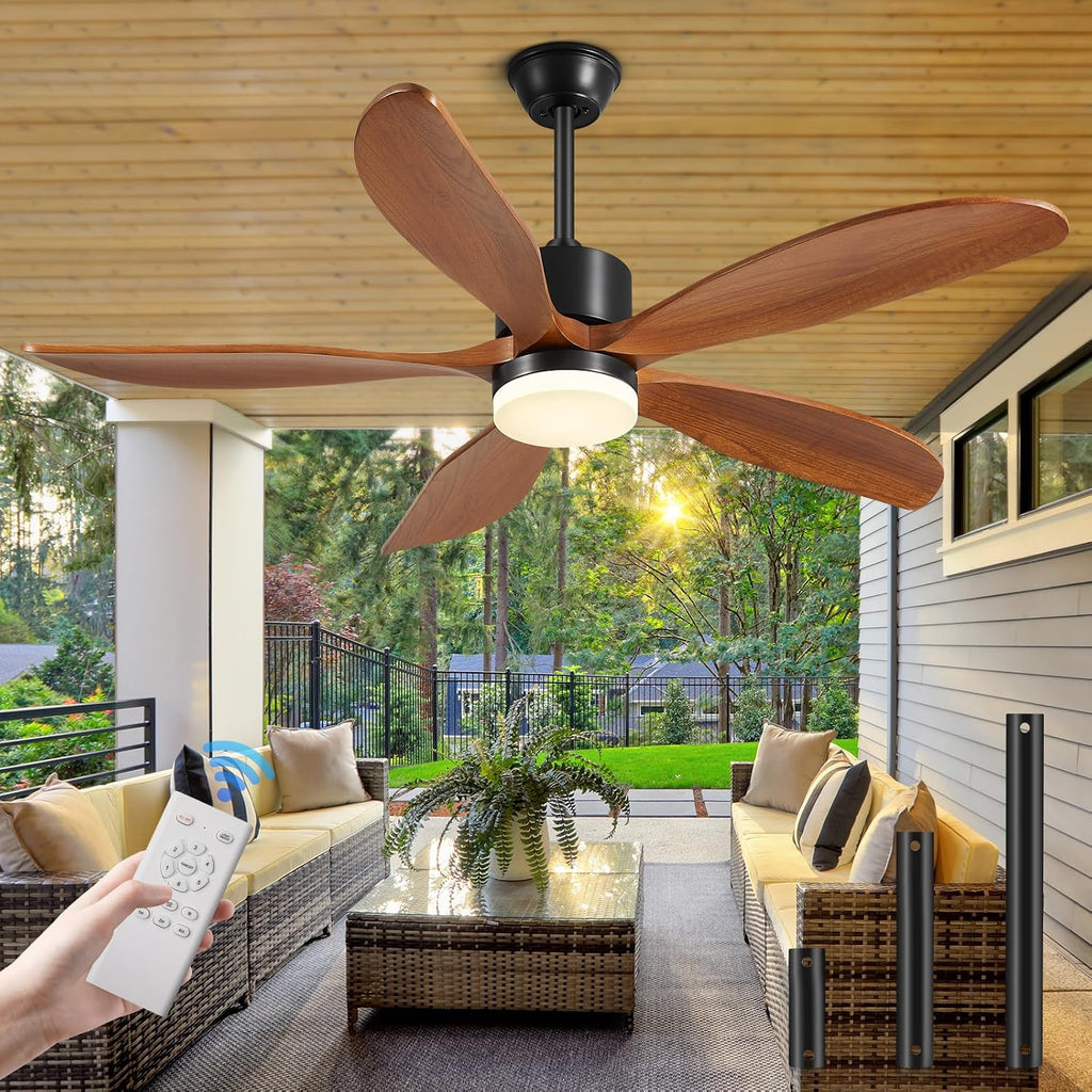 Yahada 52 Inch Ceiling Fans with Lights and Remote, USA Original Patent Outdoor Ceiling Fan, 5 Wood Blades, 3 Downrods, Timer, 6 Speeds ETL DC Motor Fans for Patios Porch Indoor Bedroom, Brown