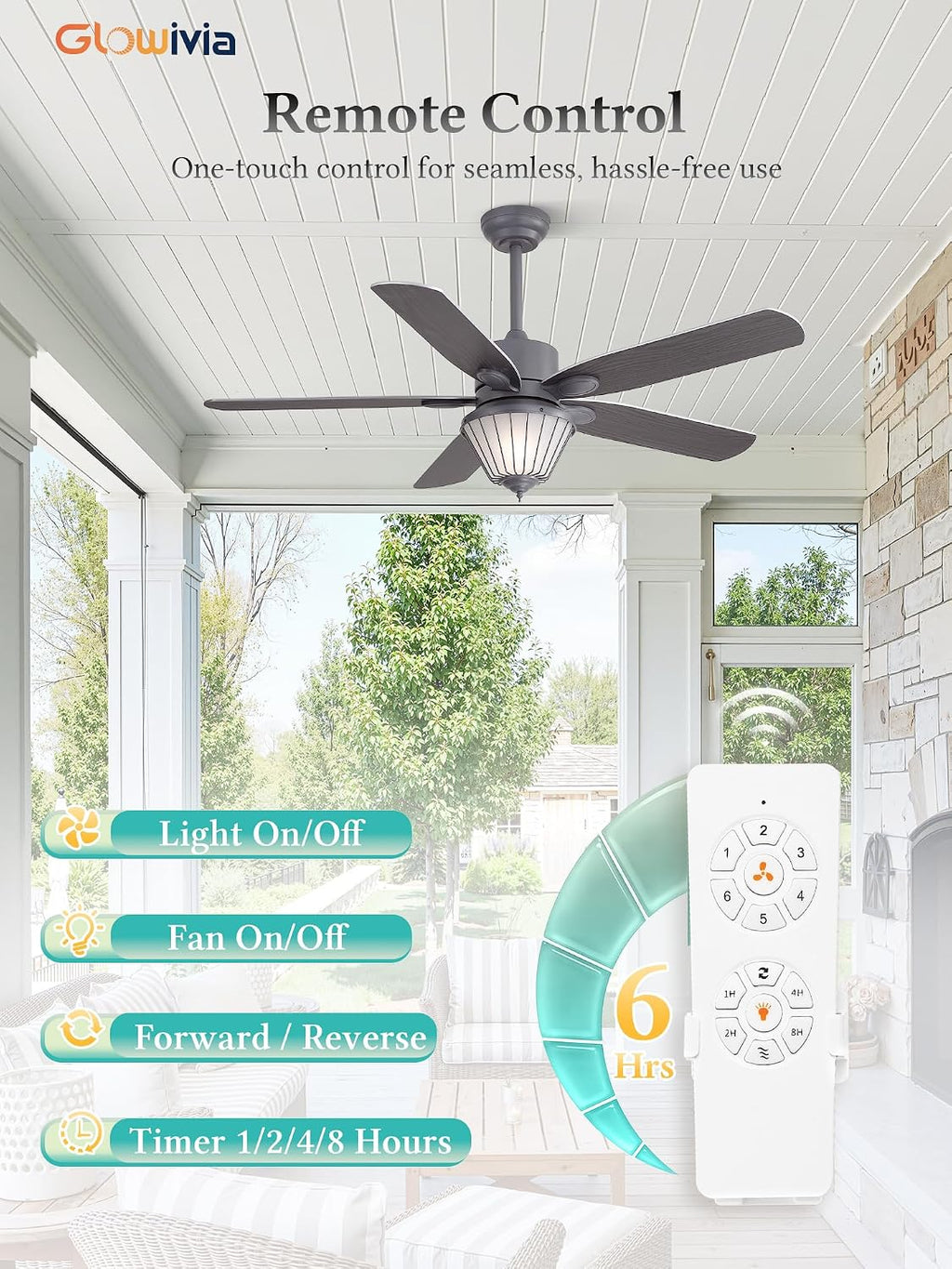 52 Inch Waterproof Outdoor Ceiling Fan with Lights, IP65 Waterproof, Remote Control, 6-Speed Quiet DC Motor, 5 Dual Finish Blades, Farmhouse Ceiling Fan for Patios Porch Pavilion (Gray)