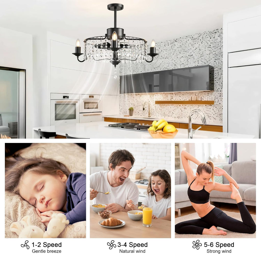 Garwarm 20in Ceiling Fans with Lights,Black Crystal Fandelier Bladeless Industrial Ceiling Fan with Remote,Flush Mount Ceiling Fan Lights for Bedroom Kitchen