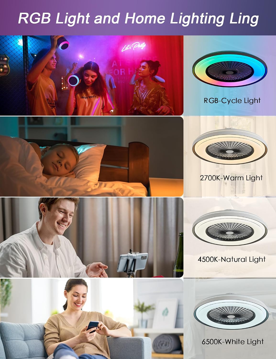 Dawn Whisper 24' Low Profile Ceiling Fans with Lights Quiet DC Motor 6 Speeds Timer Flush Mount Enlosed LED Modern Smart RGB Ceiling Fans with Alexa/Tuya APP Remote Control for Kids Bedroom Black