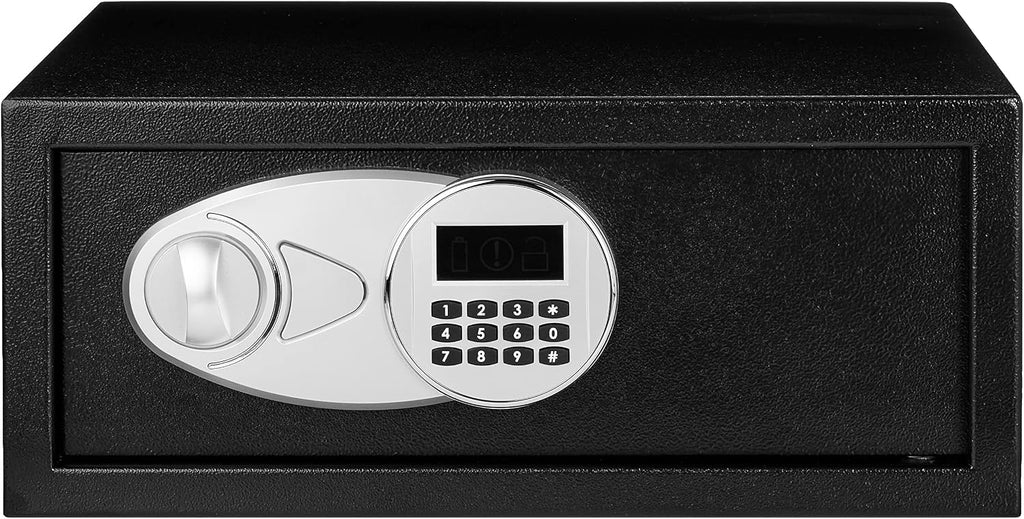 Amazon Basics Steel Security Safe and Lock Box with Digital Keypad, Electronic Lock, Emergency Key Open, Secure Cash, Jewelry, Documents, Black, 0.7 Cubic Feet, 16.9-x-14.6-x-7.1-inches (WxDxH)