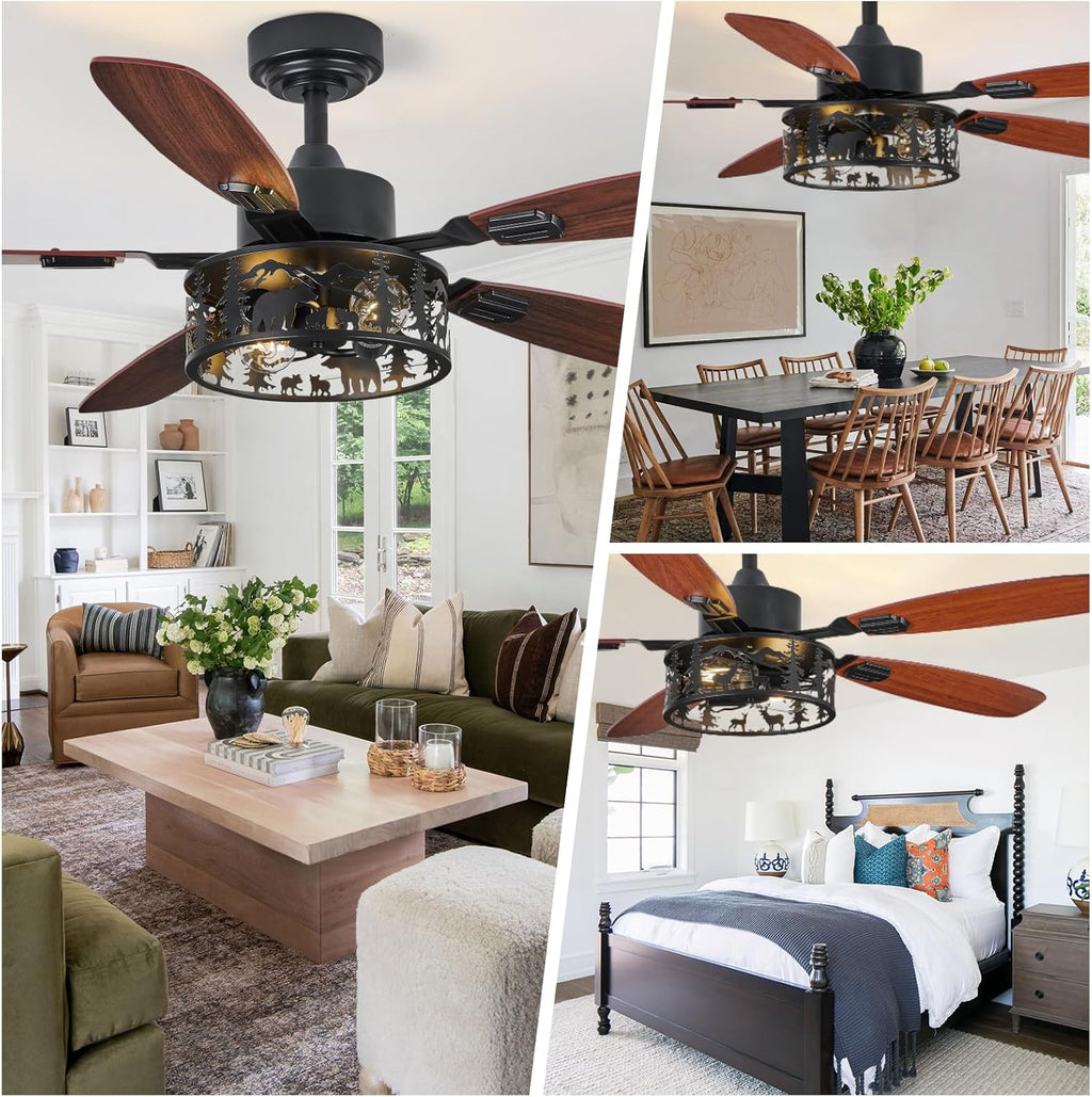 52' Rustic Ceiling Fan with Light - Bear Deer Design, 6 Speeds Reversible DC Motor Farmhouse Industrial Black Ceiling Fans Remote Control for Bedroom, Living Room, Kitchen