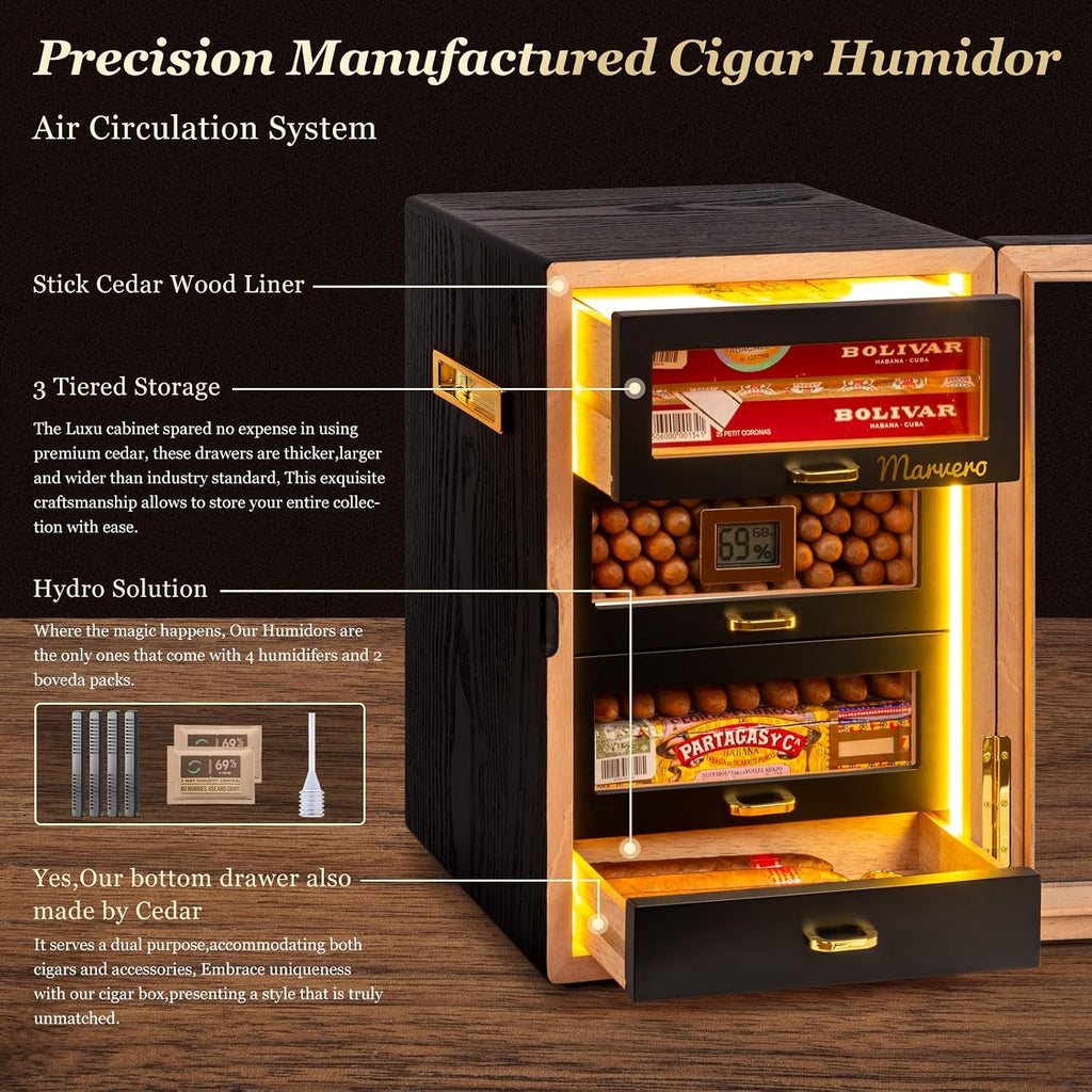 Cigar Humidor, Desktop Humidor Cabinet Triple-Sided Light with Digital Hygrometer, Humidifier and Humidity Packs. 4 Cedar Wood Drawers, Cigar Humidor Box can Hold 200 Cigars,Present for Men