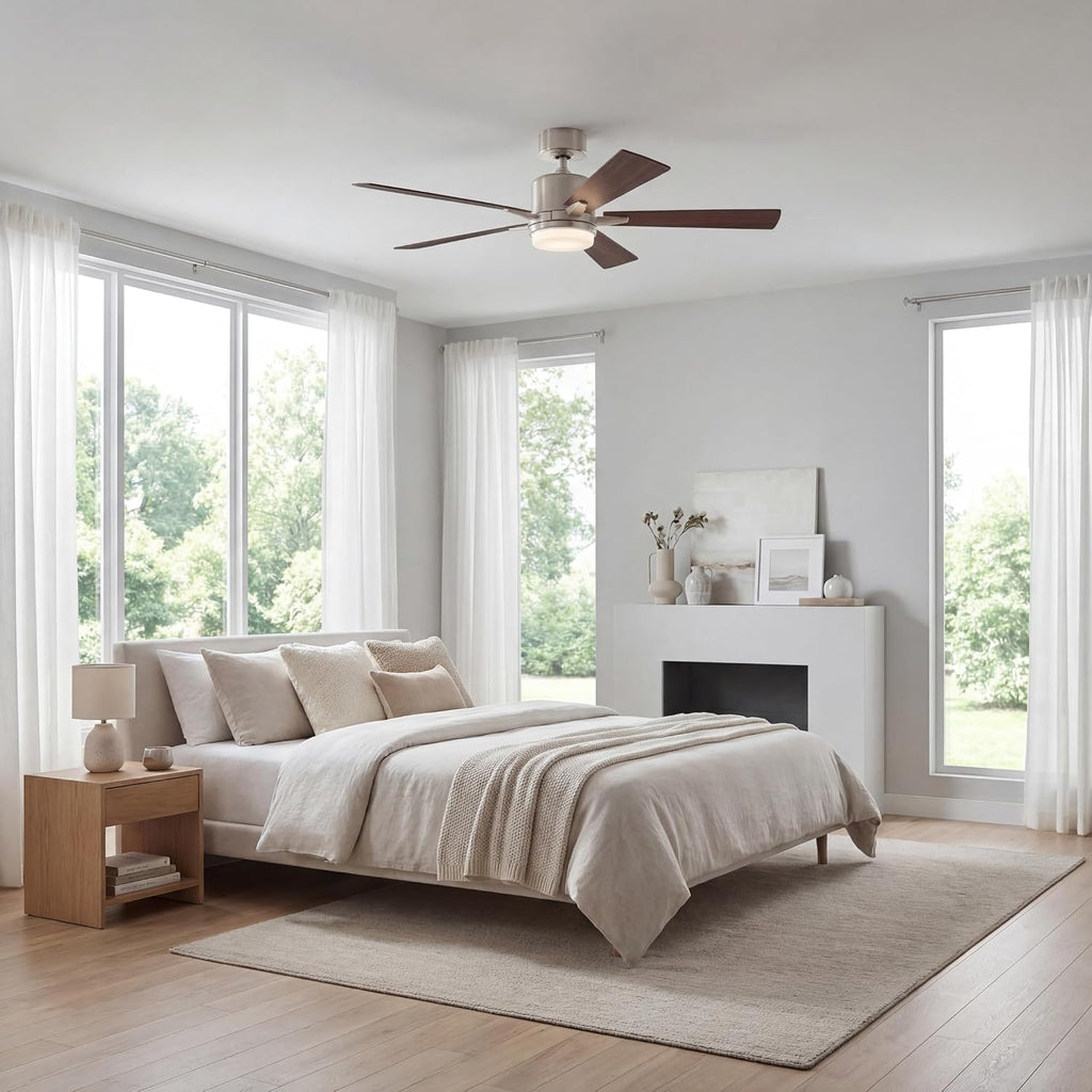 KICHLER 330000NI Protruding Mount, 5 Silver/Walnut Blades Ceiling fan with 73 watts light, Brushed Nickel