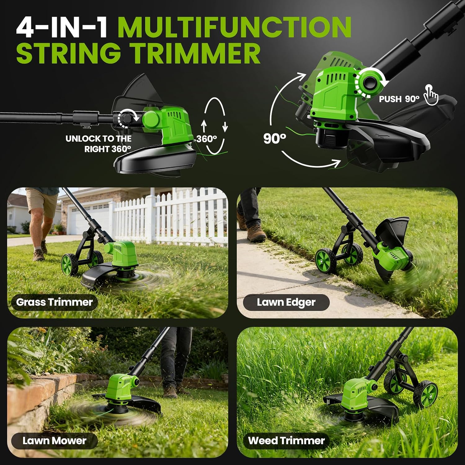 14' Electric String Trimmer Cordless Battery Powered Weed Eater with Wheel, 3-in-1 Cordless Grass Trimmer/Electric Weed Wacker/Edger, Weed Trimmer with 8 Replacement Spools for Garden, Lawn (Green)