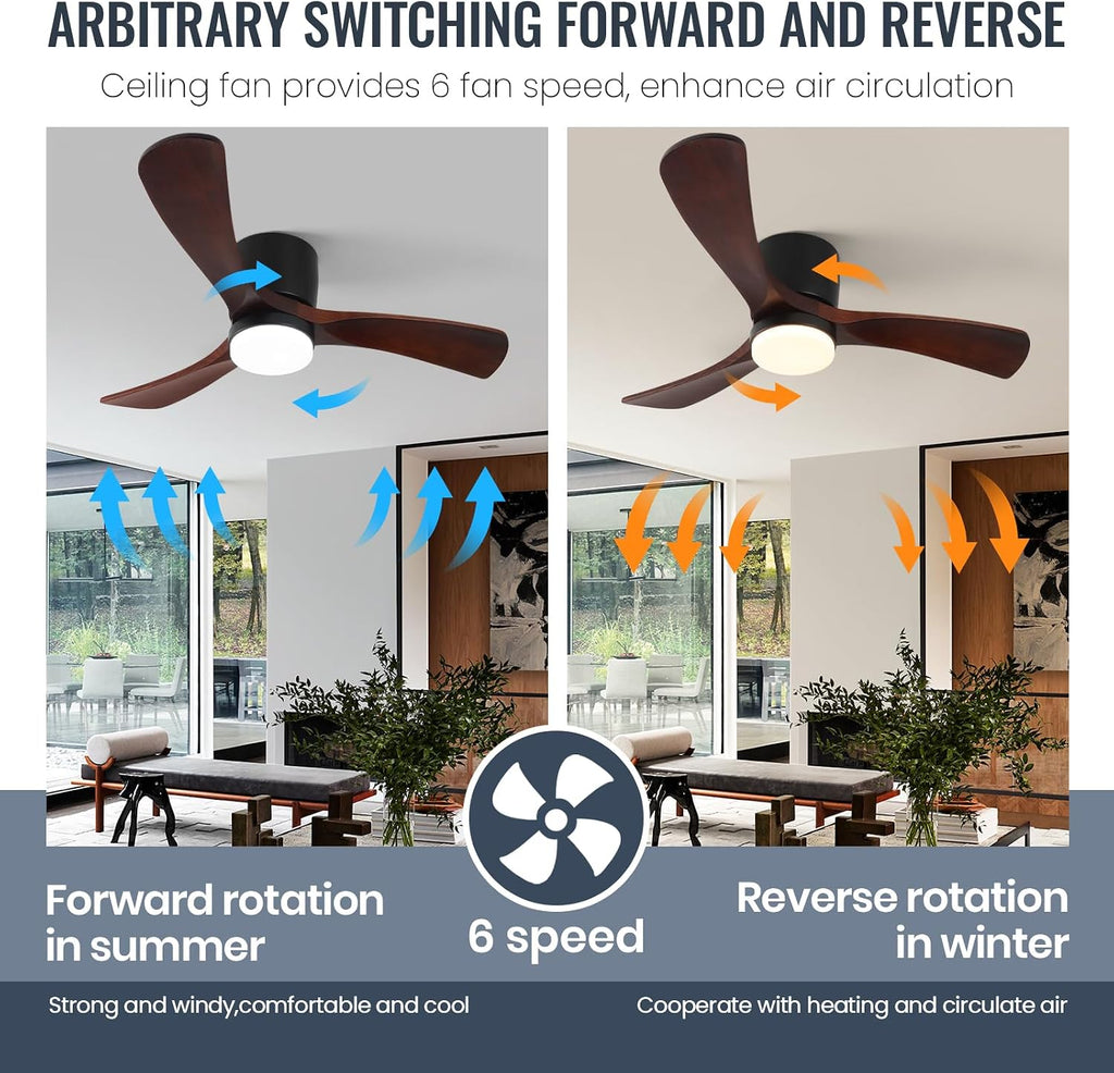 GESUM 42' Ceiling Fan with Lights Remote Control, Low Profile Ceiling Fan with 3 Walnut Wood Blades, Reversible,Dimmable, Flush Mount Ceiling Fans for Living Room Kitchen Bedroom(Black+Walnut)