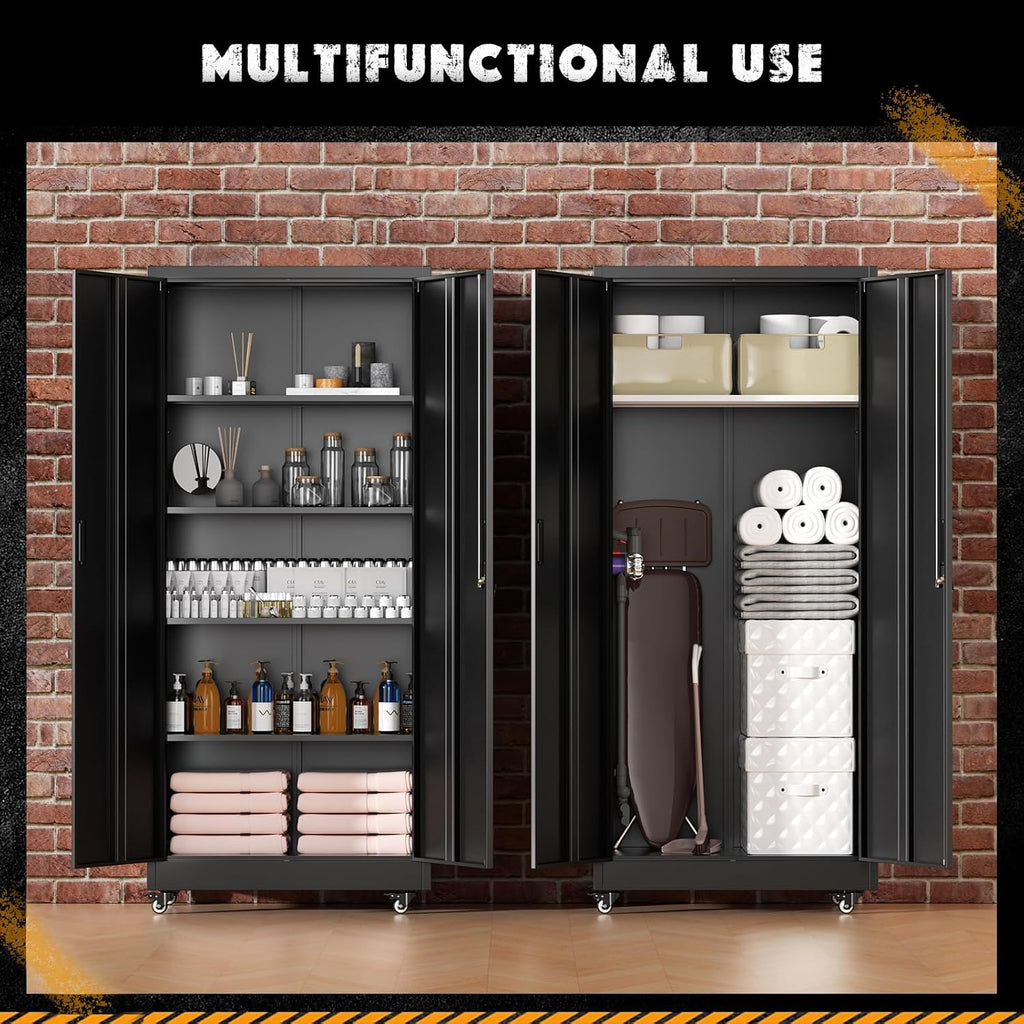 Greenvelly Metal Storage Cabinet with Wheels, 73' Black Metal Rolling Garage Cabinet with 2 Door and Adjustable Shelves,Locking Storage Cabinets for Garage Home Office Utility Room
