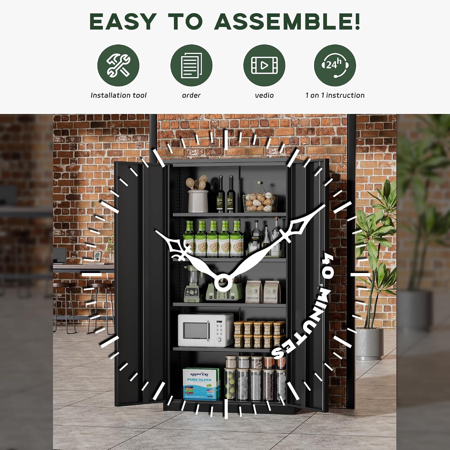 Greenvelly Metal Garage Storage Cabinet with Doors and Adjustable Shelves,72' Black Steel Lockable File Cabinet for Home Office,Garage,School(16' D x 32' W)