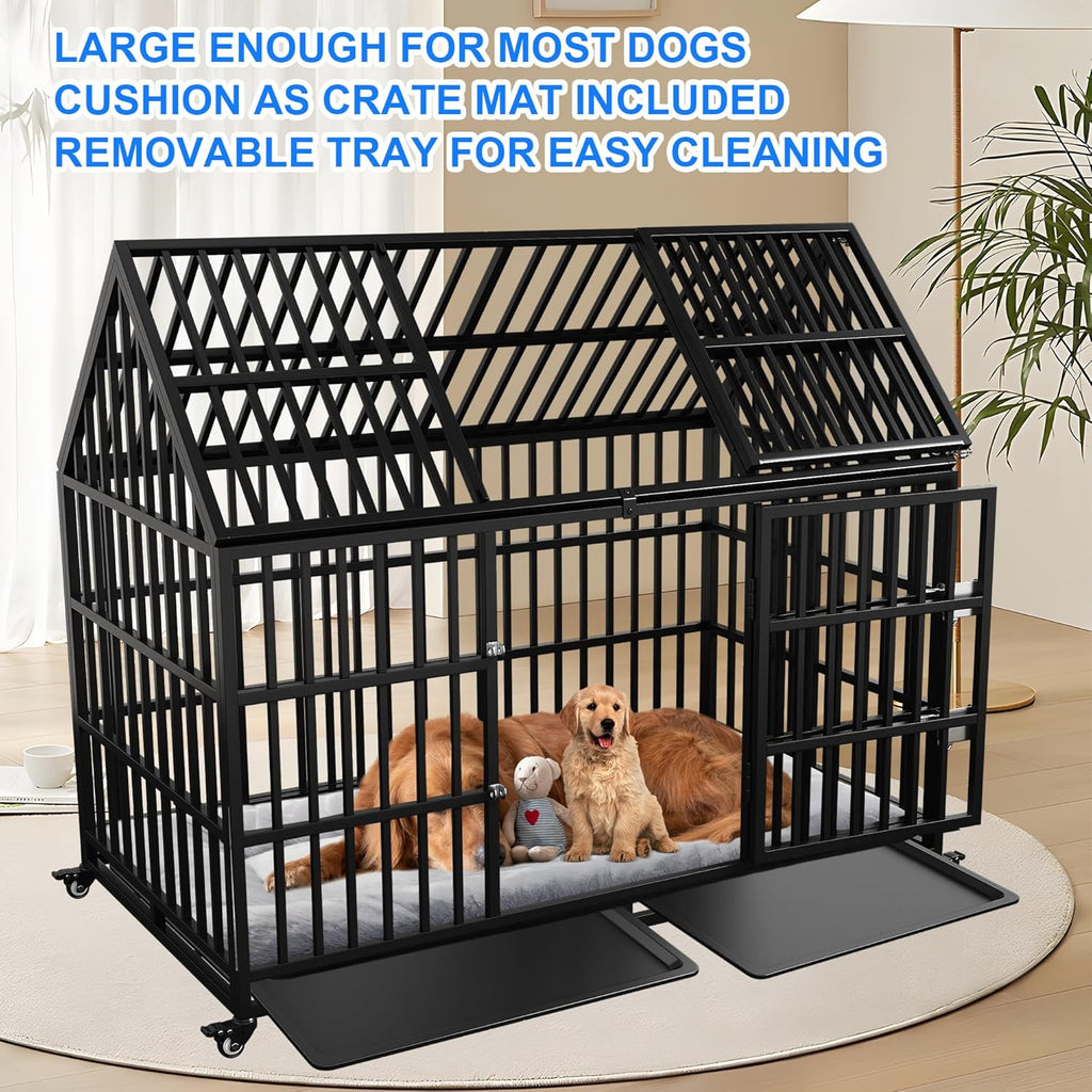 Heavy Duty Dog Crate 54 Inch Dog Pet Cage Kennel with Mat Escape Proof with Roof Top Open 4 Wheels 2 Doors Removable Trays for High Anxiety Extra Large XL XXL Dogs Breeds Great Dane Mastiff Bernard