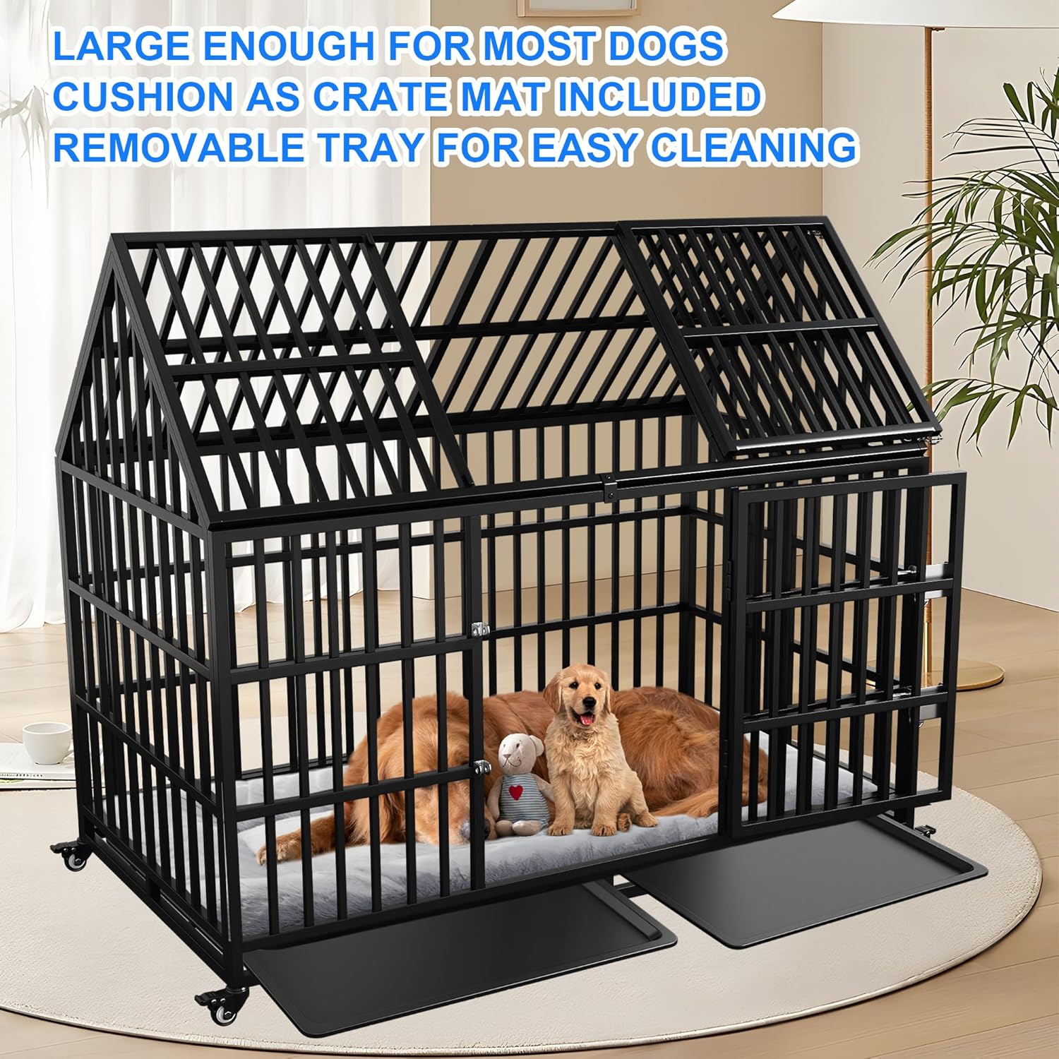 Heavy Duty Dog Crate 54 Inch Dog Pet Cage Kennel with Mat Escape Proof with Roof Top Open 4 Wheels 2 Doors Removable Trays for High Anxiety Extra Large XL XXL Dogs Breeds Great Dane Mastiff Bernard
