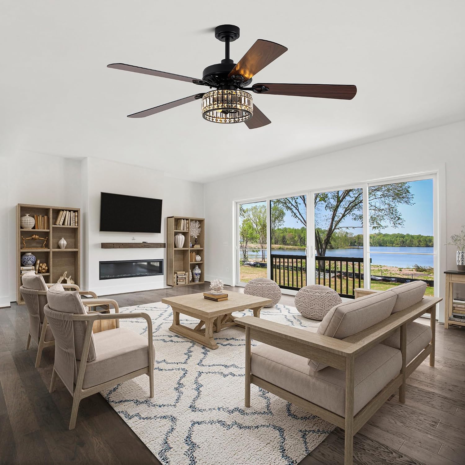 Bella Depot 60' Vintage Black Ceiling Fan with Light, Large Crystal Chandelier Fan Fandelier Fan with 6-Speeds, Quiet Reversible DC Motor, for Bedroom, Living Room