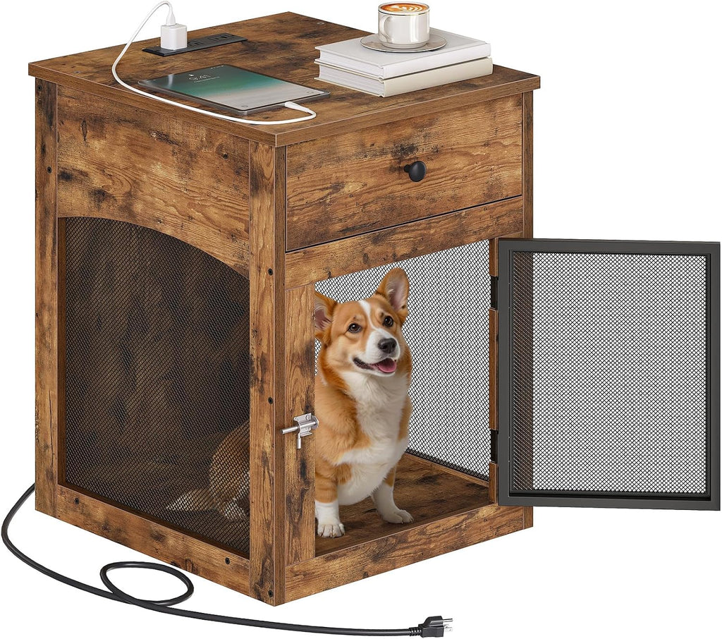 HOOBRO Dog Crate Furniture, Dog Kennel with Drawer and Charging Station, Indoor Decorative Puppy House, Wooden Pet Crate End Table for Small Dogs, Rustic Brown and Black BF58UGW03G1