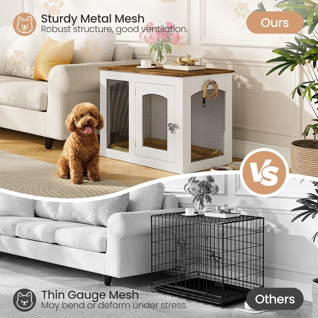 CHOEZON Wooden 30.1' Dog Crate Furniture, Farmhouse Pet Cage End Table with Secure Lock, Ventilated Mesh for Medium Dogs, Dog Kennel Furniture for Living Room, Bedroom, White and Walnut MGW02WL